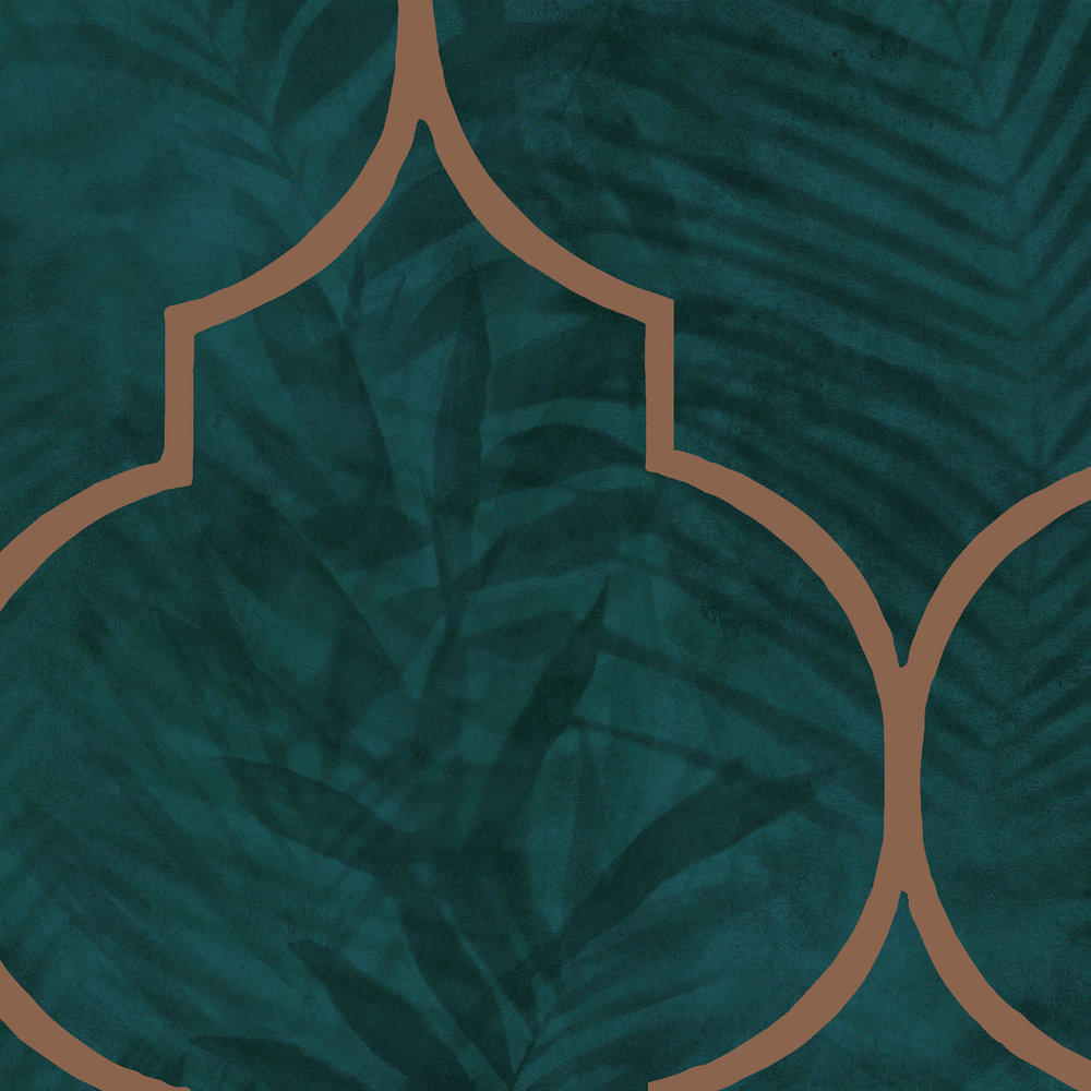             Fliesentapete mit Ornament und Blättermuster – Grün, Türkis, Braun
        
