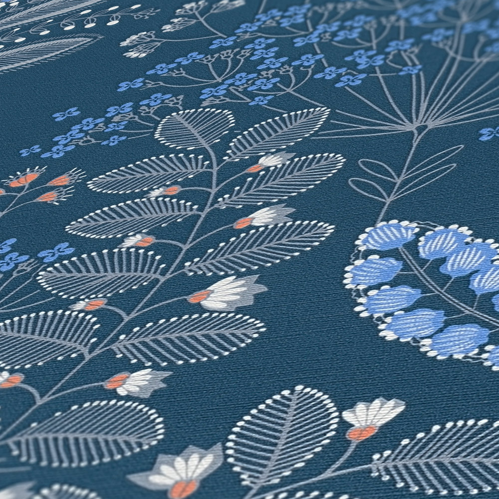             Vliestapete floral mit Blättern im Retro-Look leicht strukturiert, matt – Blau, Weiß, Grau
        