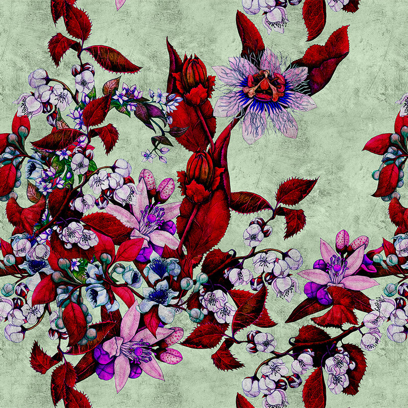 Tropical Passion 3 - Fototapete mit verspieltem Blütendesign- Kratzer Struktur – Grün, Rot | Mattes Glattvlies
