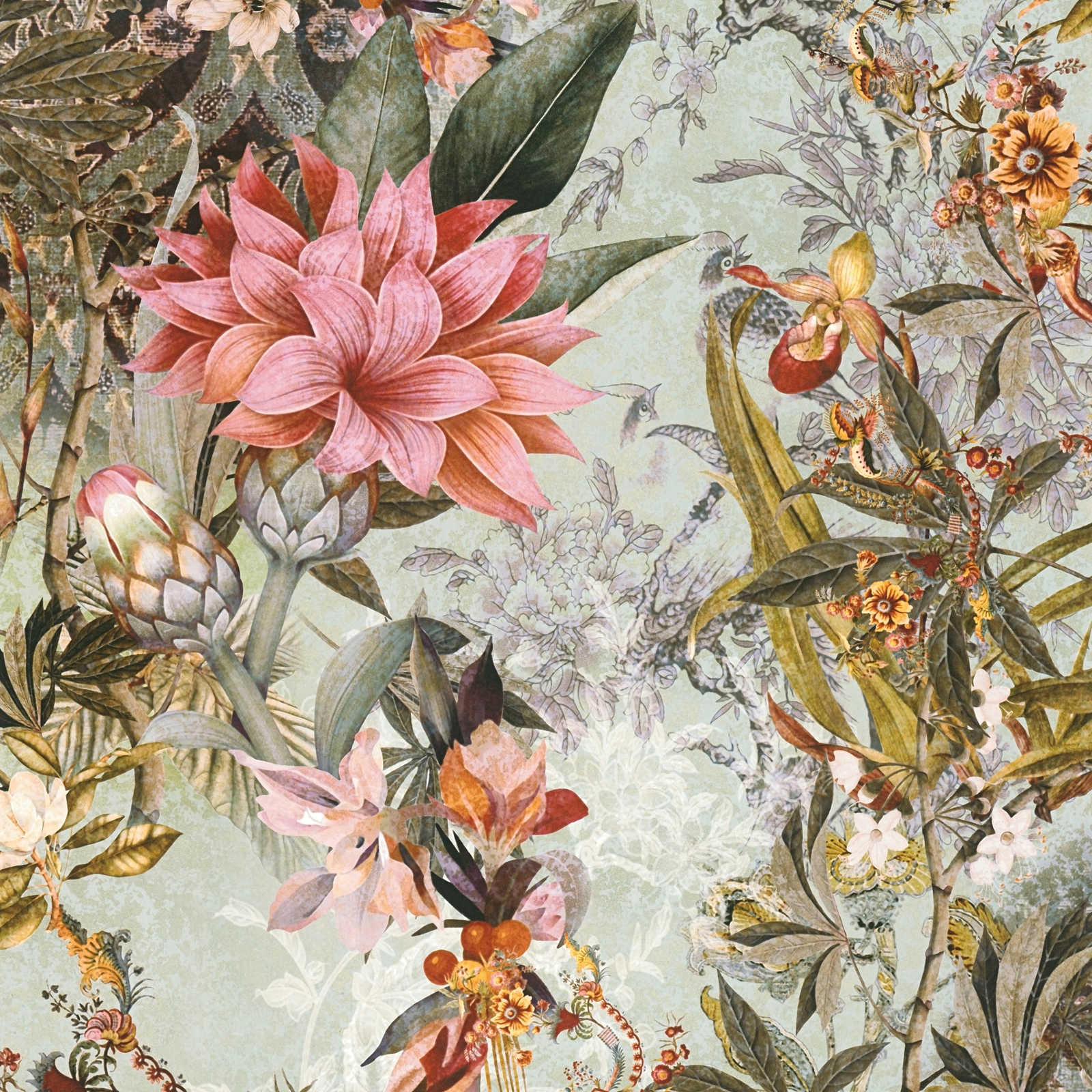         Vliestapete Vintage Dschungel Muster – Grün, Rosa
    