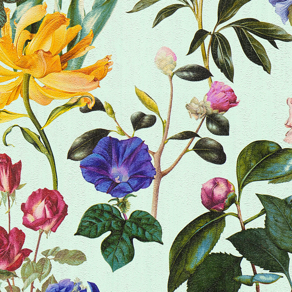             Blüten-Tapete mit Blumen in leuchtenden Farben – Blau, Grün, Rot
        