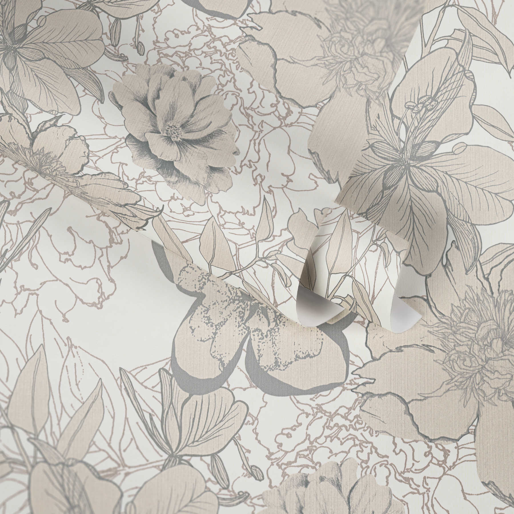             Blumentapete mit Blüten Skizzen & Metallic Farbe – Creme
        