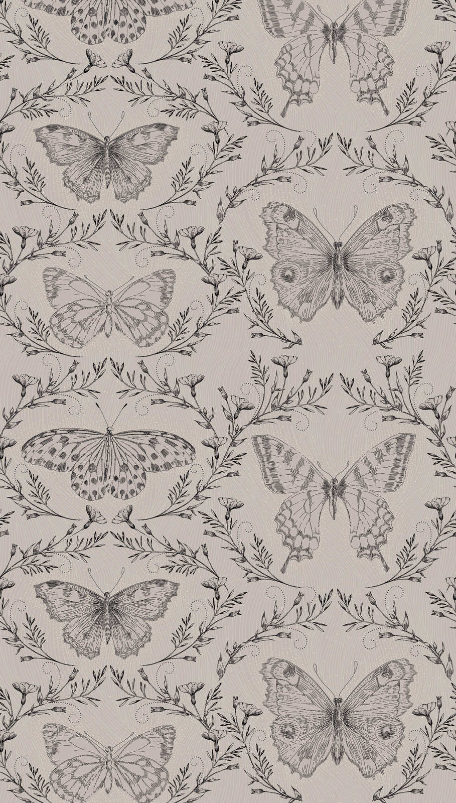             Schmetterlings Tapete mit Ranken im dunklen Design – Grau, Greige, Schwarz
        