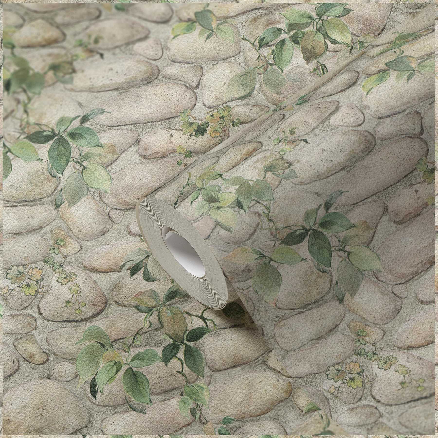             Stein Tapete Natursteinmauer & Pflanzen – Grün, Grau
        