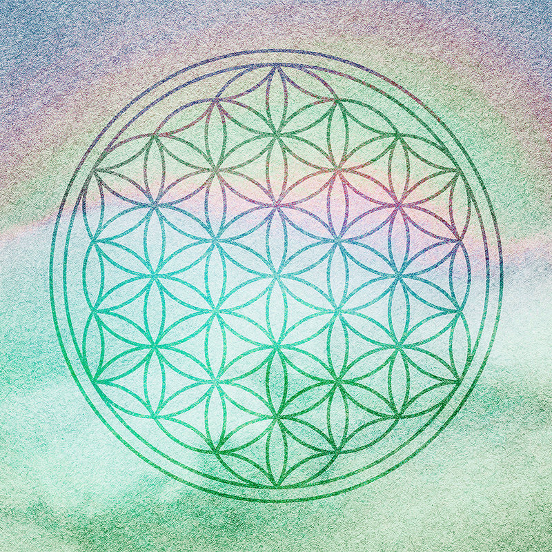 Fototapete Mandala-Design mit Regenbogenfarben – Grün, Violett, Rosa
