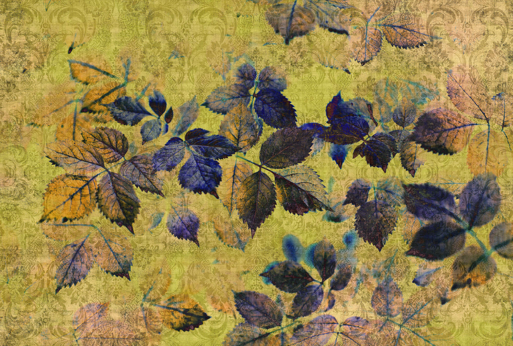             Indian summer 1 - Fototapete mit Blättern und Ornamenten in naturleinen Struktur – Gelb, Orange | Premium Glattvlies
        