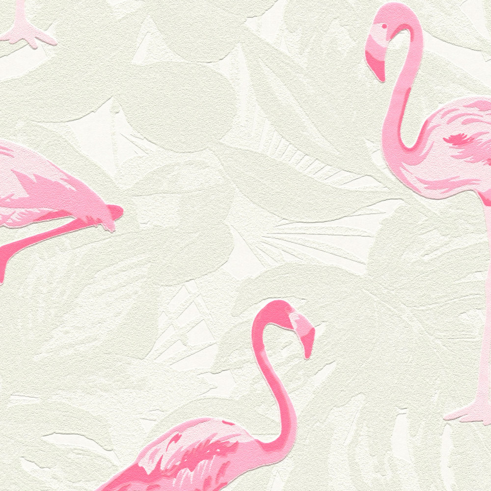             Flamingo Tapete mit Strukturdesign & Blätter Muster – Creme, Rosa
        