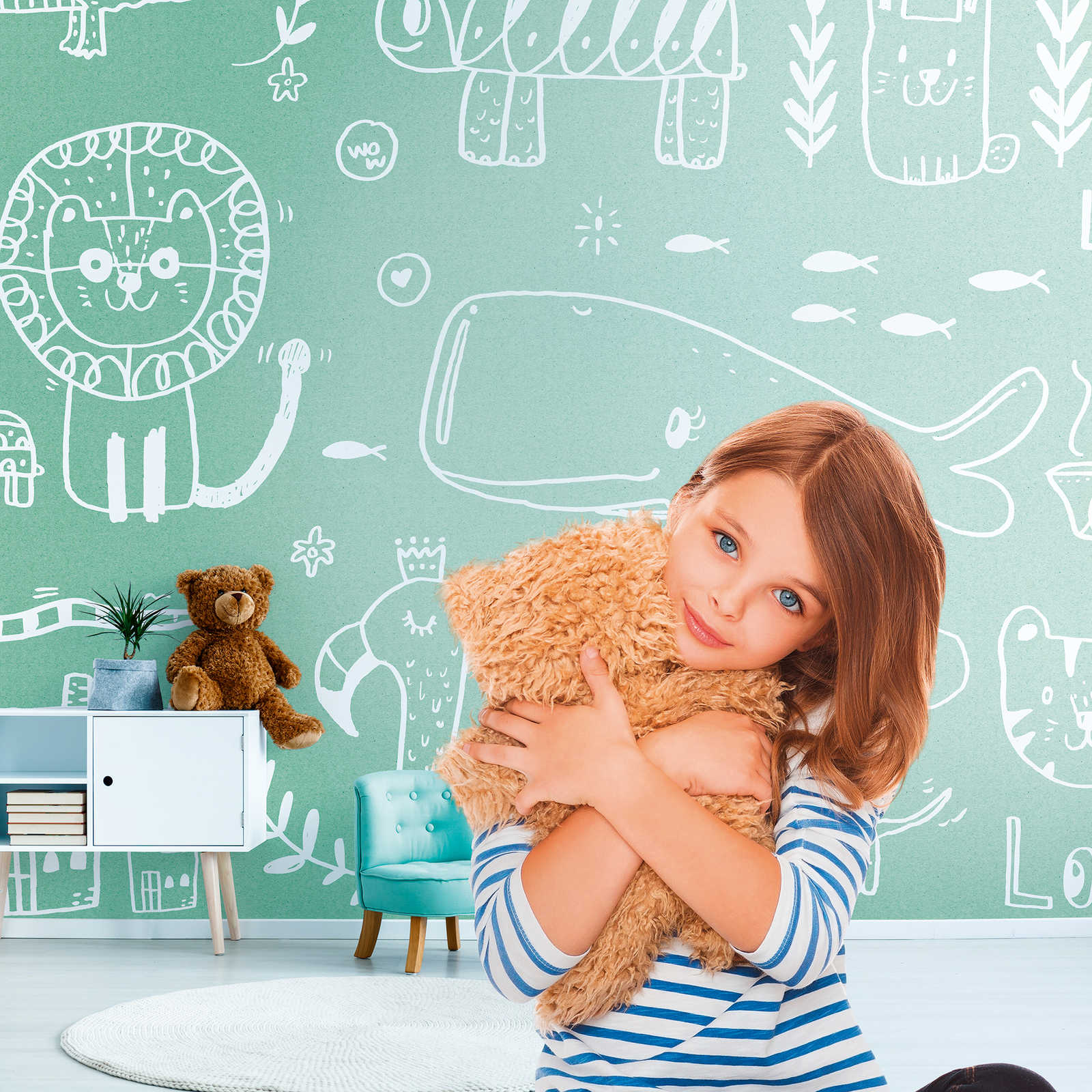 Tapeten Neuheit – Kinderzimmer Motivtapete Doodle Tiere, Mintgrün
