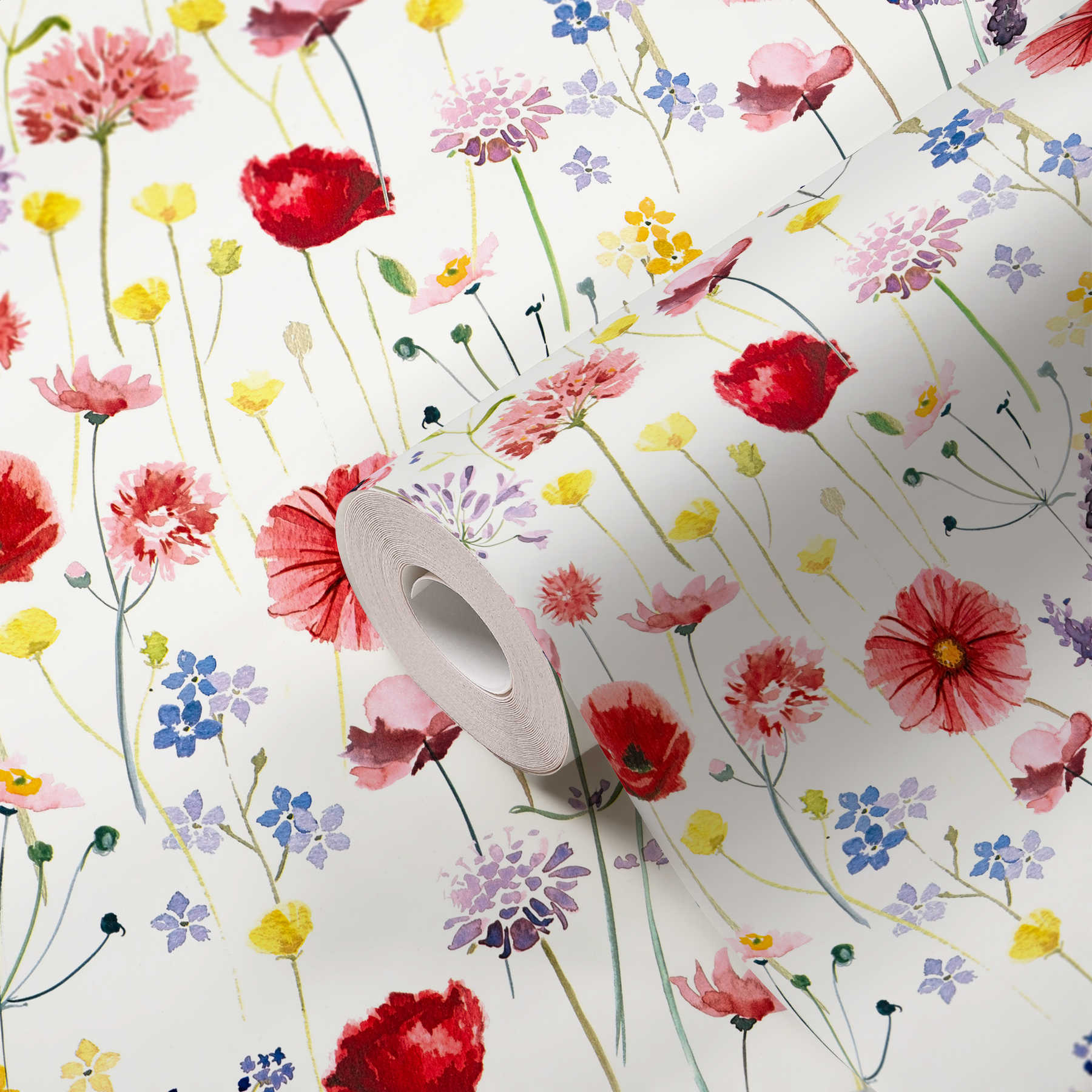             Blumen Papiertapete Blüten Aquarell – Bunt, Weiß
        