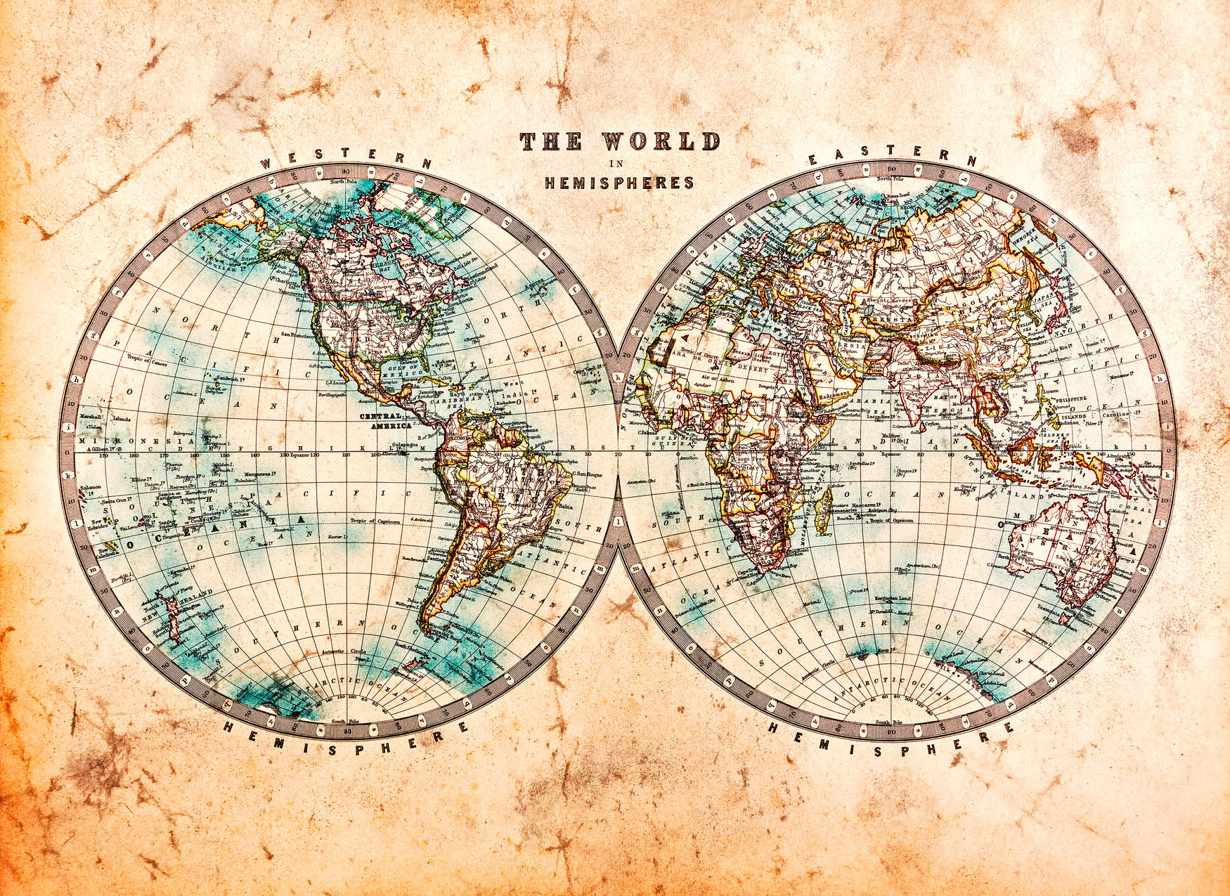             Vintage Weltkarte in Hemisphären – Braun, Beige, Blau
        