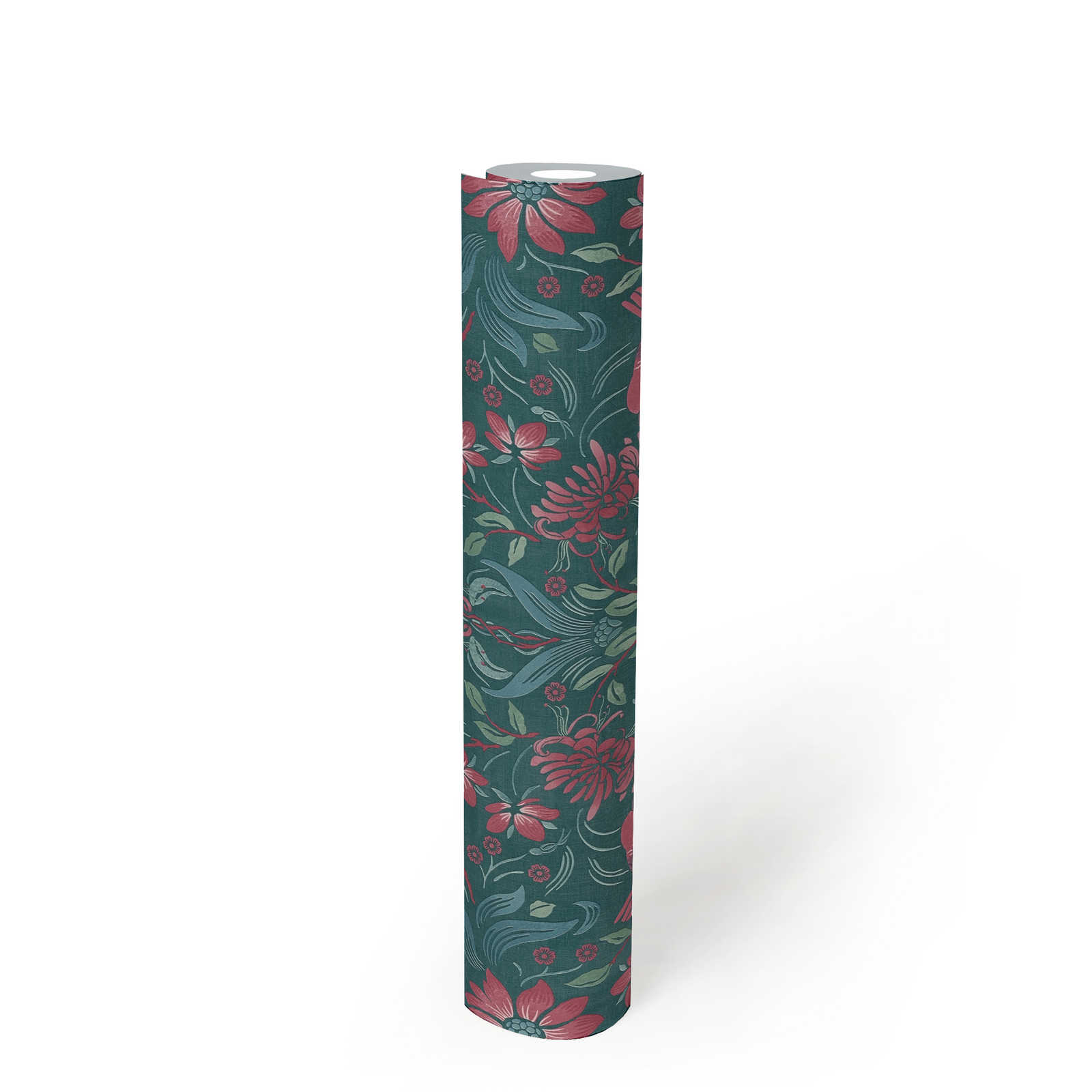             Florale Vliestapete mit Blumen & Vögel – Dunkelgrün, Pink, Grün
        