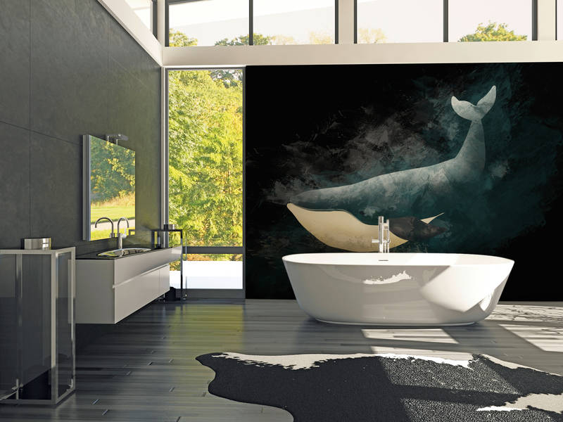             Schwarze Fototapete mit Wal im Zeichen Design
        