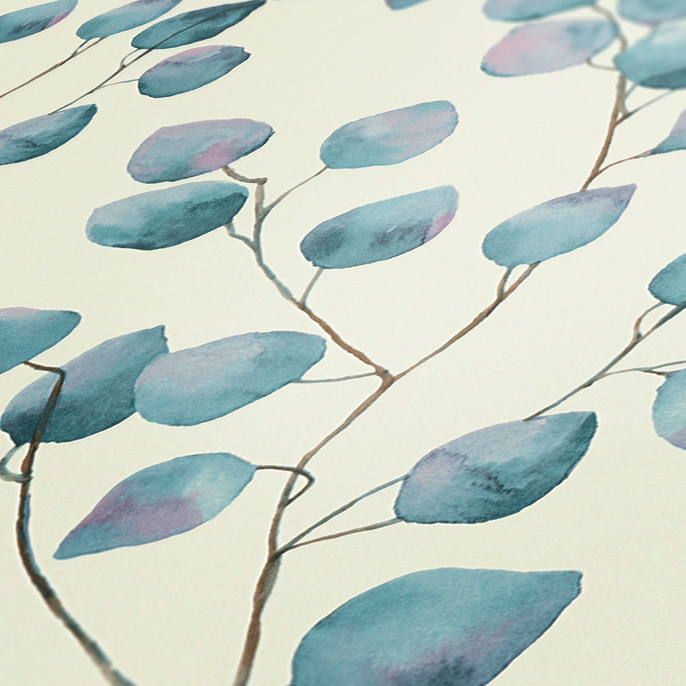             Vliestapete Blätterranken im Aquarellstil – Blau, Weiß
        