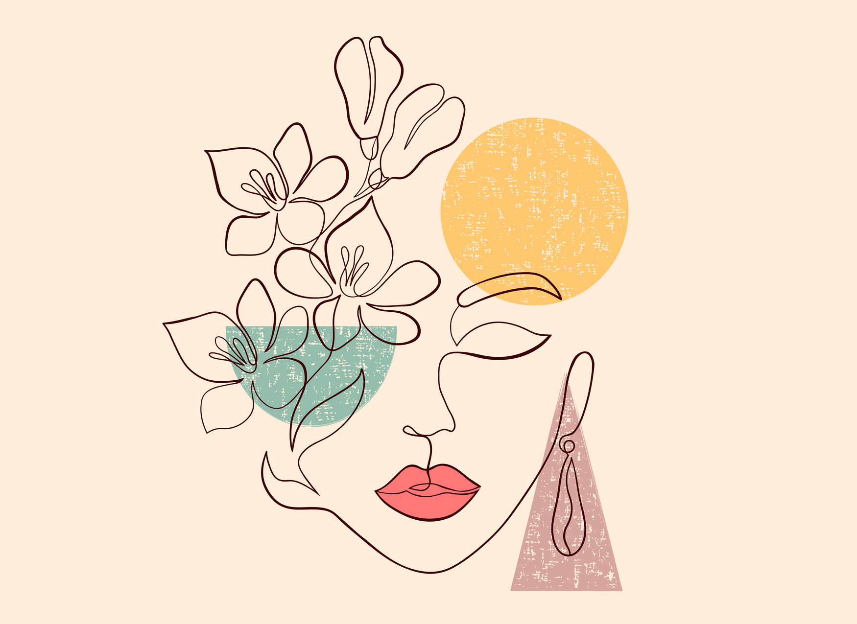            Fototapete abstrakte Kunst Dame mit Blumen im Gesicht – Gelb, Rot, Grün
        