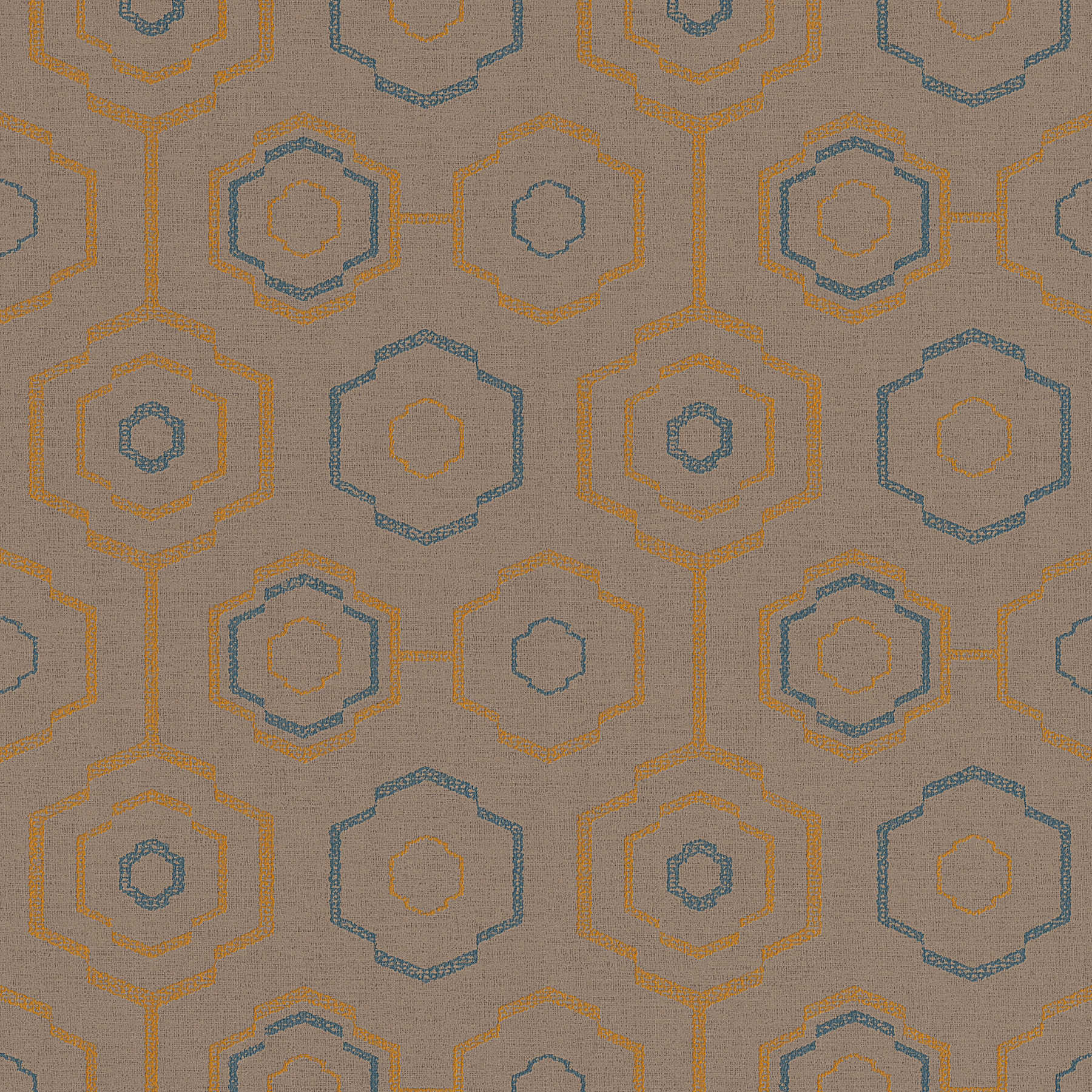         Tapete indigenes Textilmuster mit geometrischem Design – Braun, Blau, Orange
    
