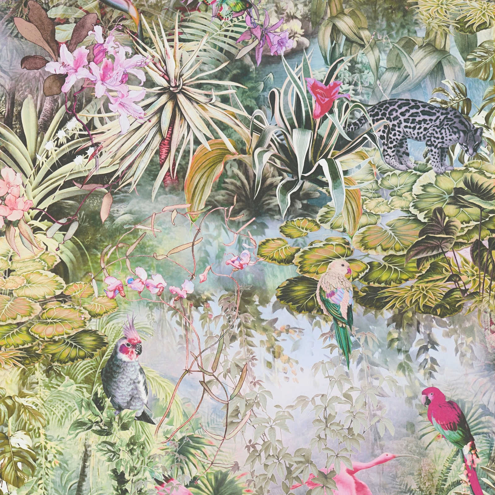             Dschungel Tapete Papagei & Leopard – Grün, Rosa, Grau
        
