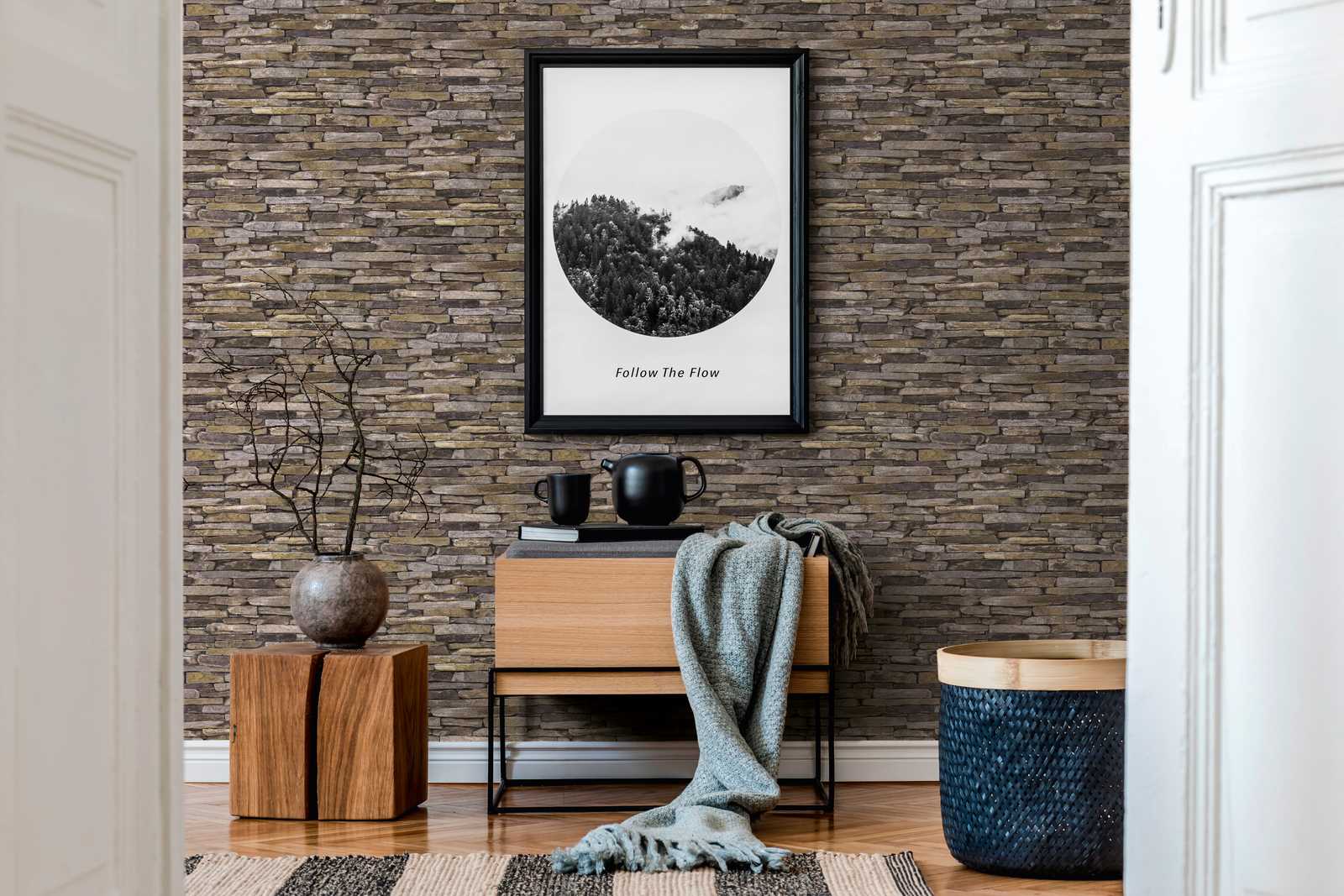             Steintapete mit Trockenmauer & realistischem Naturstein – Braun, Beige, Gelb
        