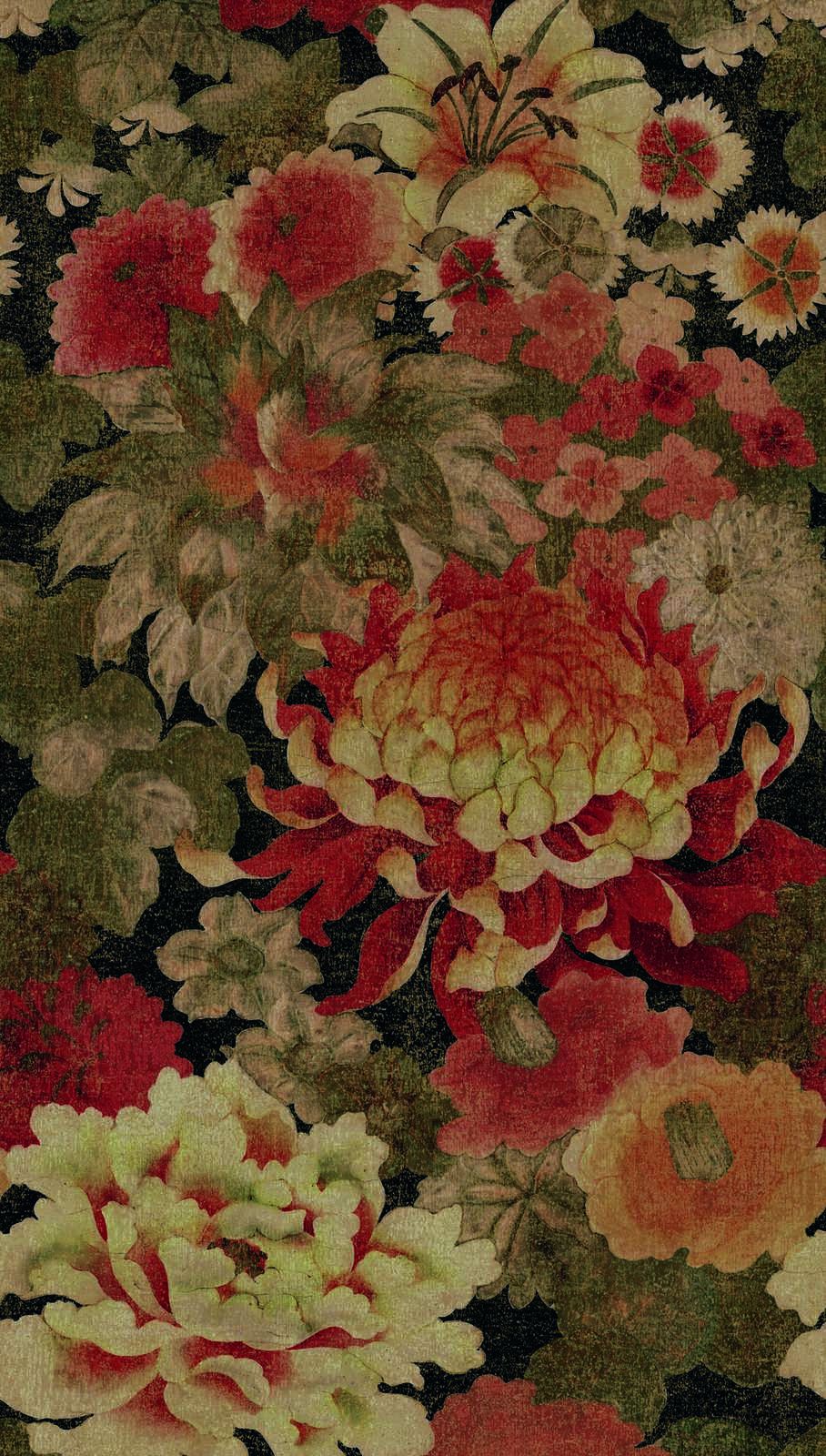             Vliestapete mit großflächigen floralen Muster – Beige, Rot, Grün
        