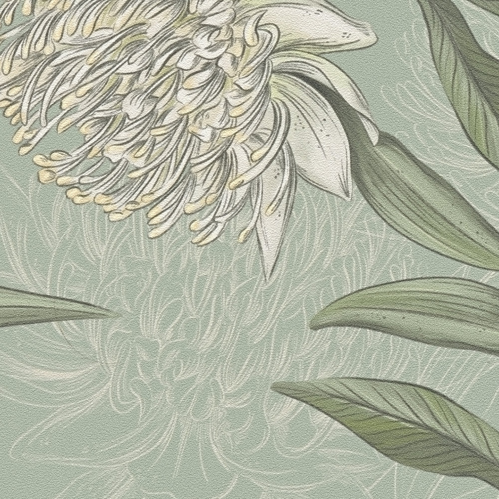             Florale Tapete mit Blättern & Blumen strukturiert matt – Blau, Grün, Weiß
        