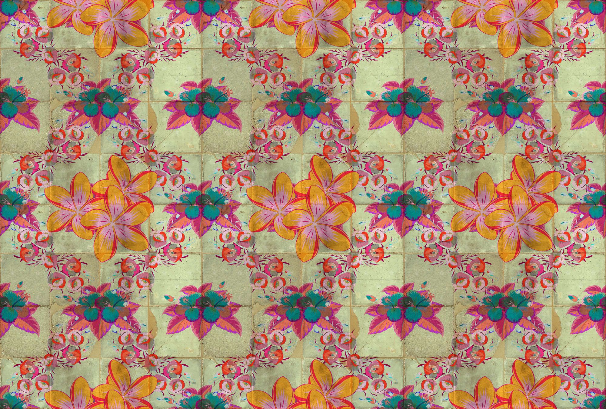             Fototapete »jolie« - Blütendesign mit Kaleidoskopeffekt auf Betonfliesenstruktur – Glattes, leicht perlmutt-schimmerndes Vlies
        