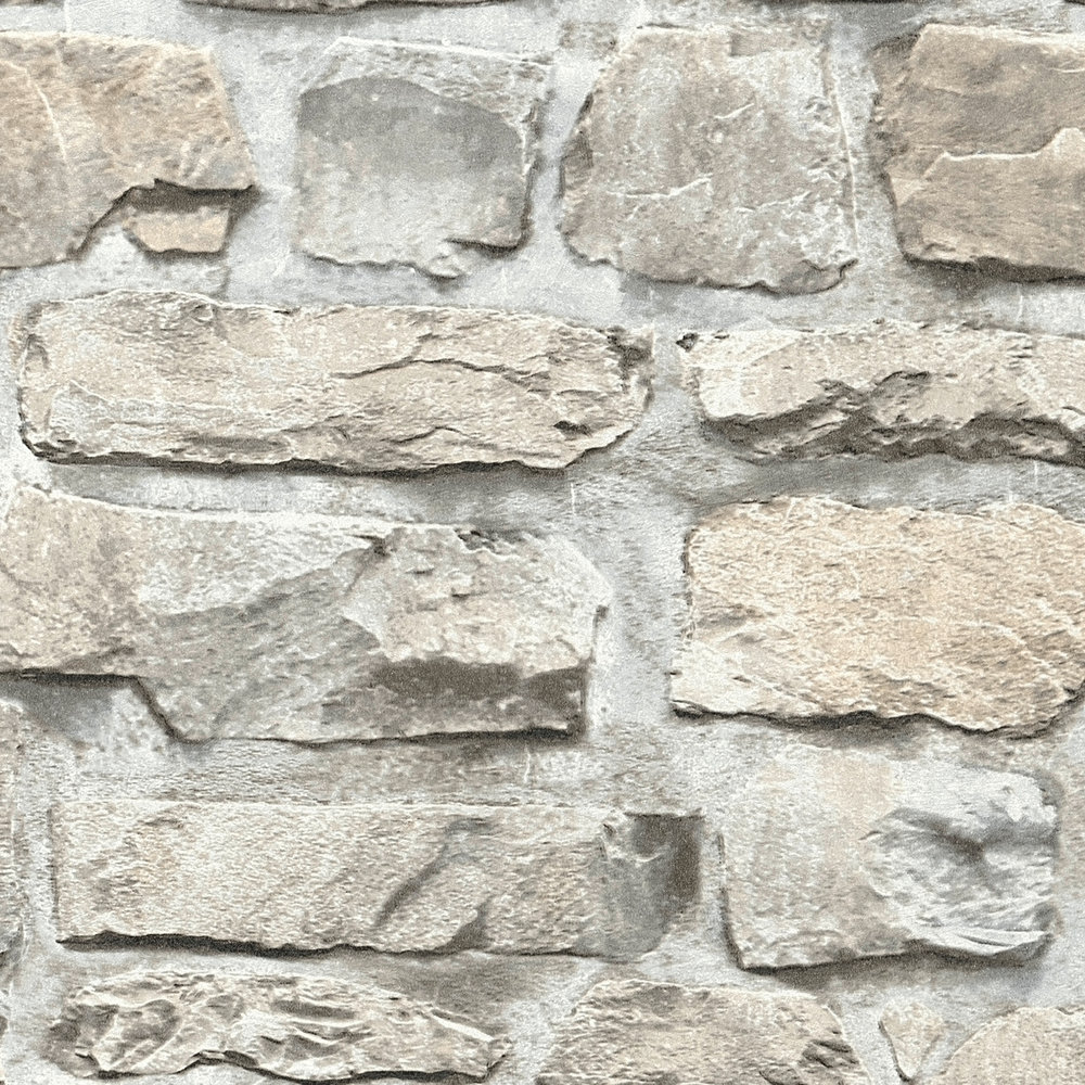             Steintapete mit Naturstein Mauerwerk – Grau, Beige
        