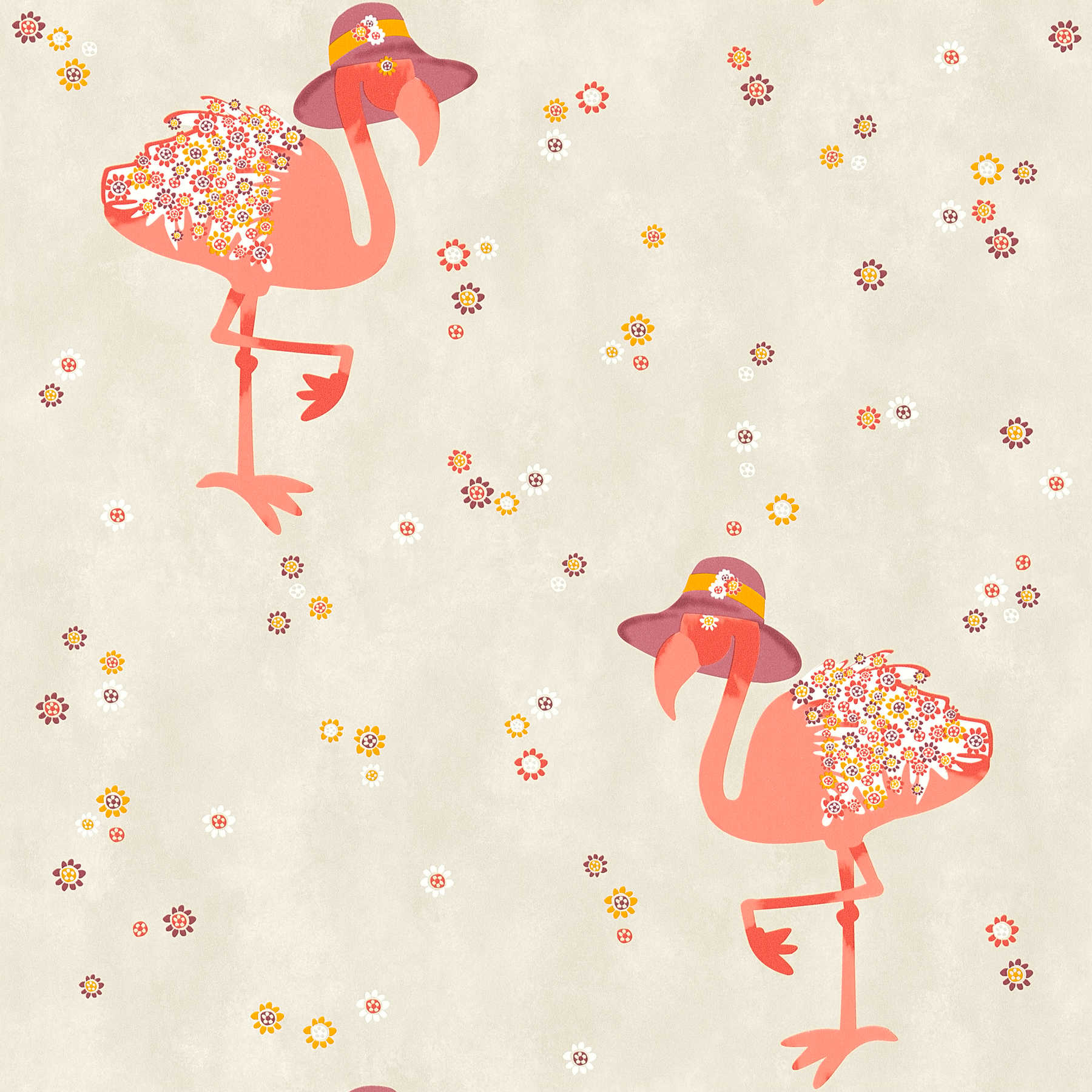         Flamingo Vliestapete mit Blumen Muster für Kinder – Beige, Orange
    