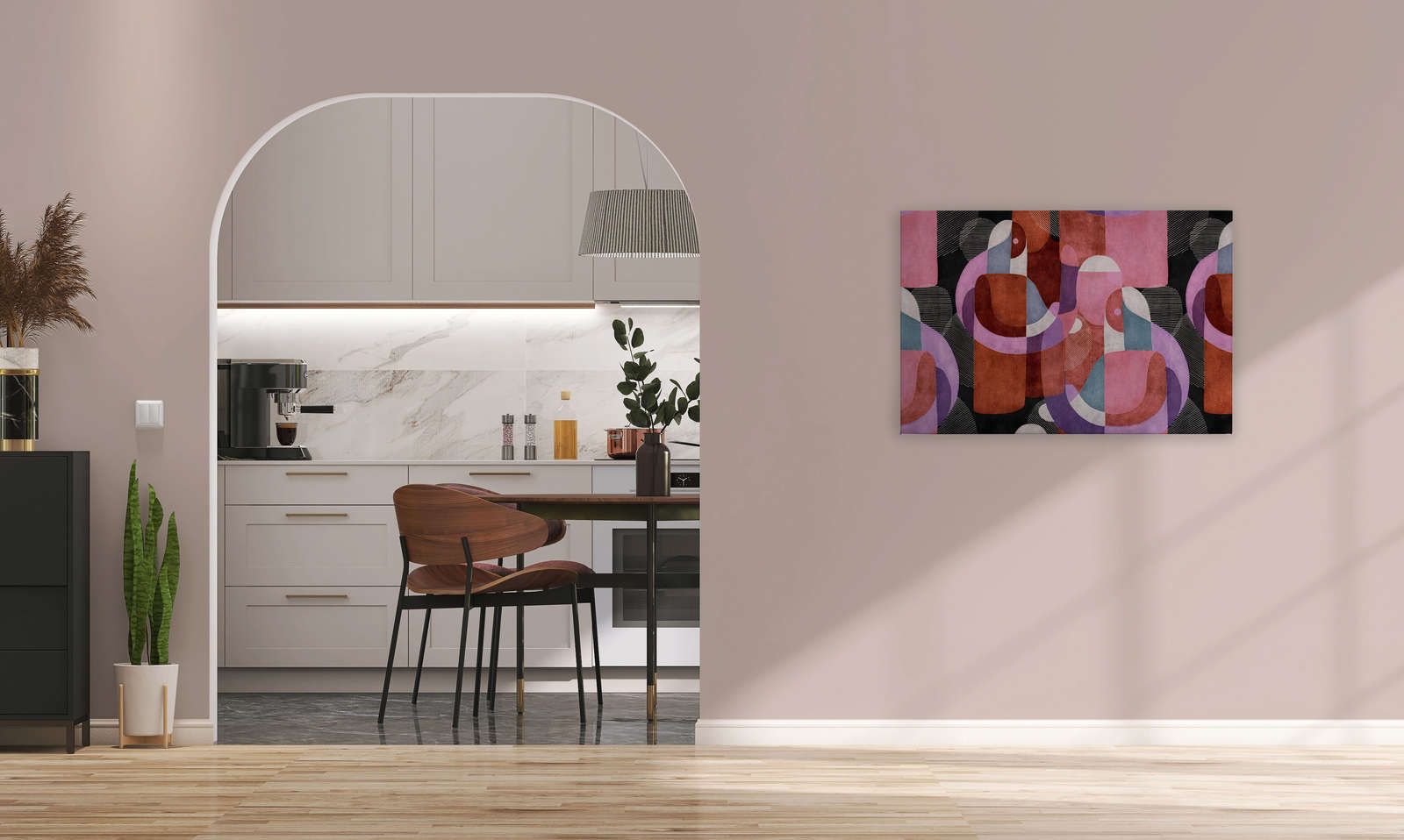             Meeting Place 2 - Leinwandbild abstraktes Ethno Design in Schwarz & Rosa – 0,90 m x 0,60 m
        