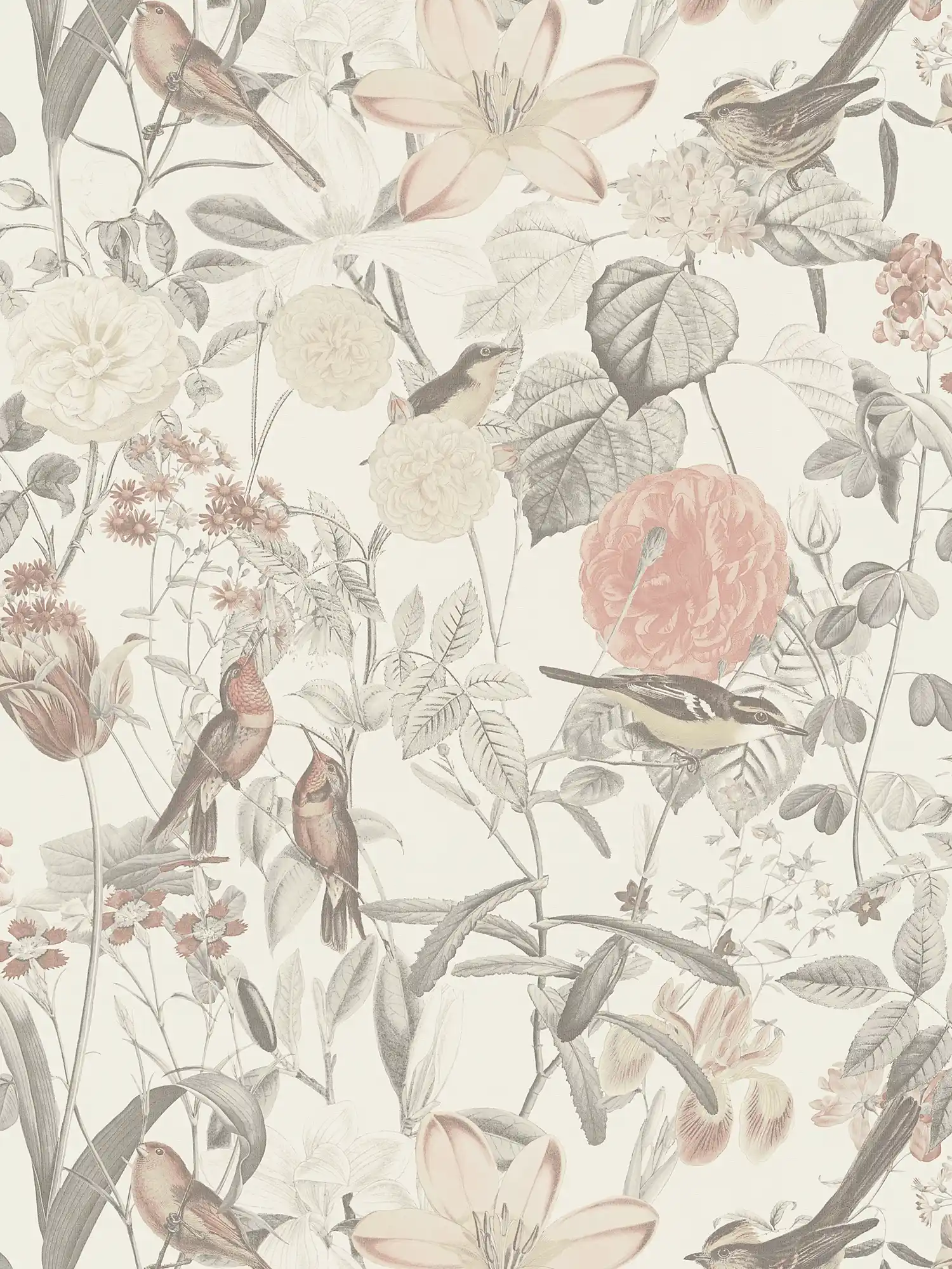         Tapete exotische Blüten & Vogel-Motiv – Grau, Rosa, Orange
    