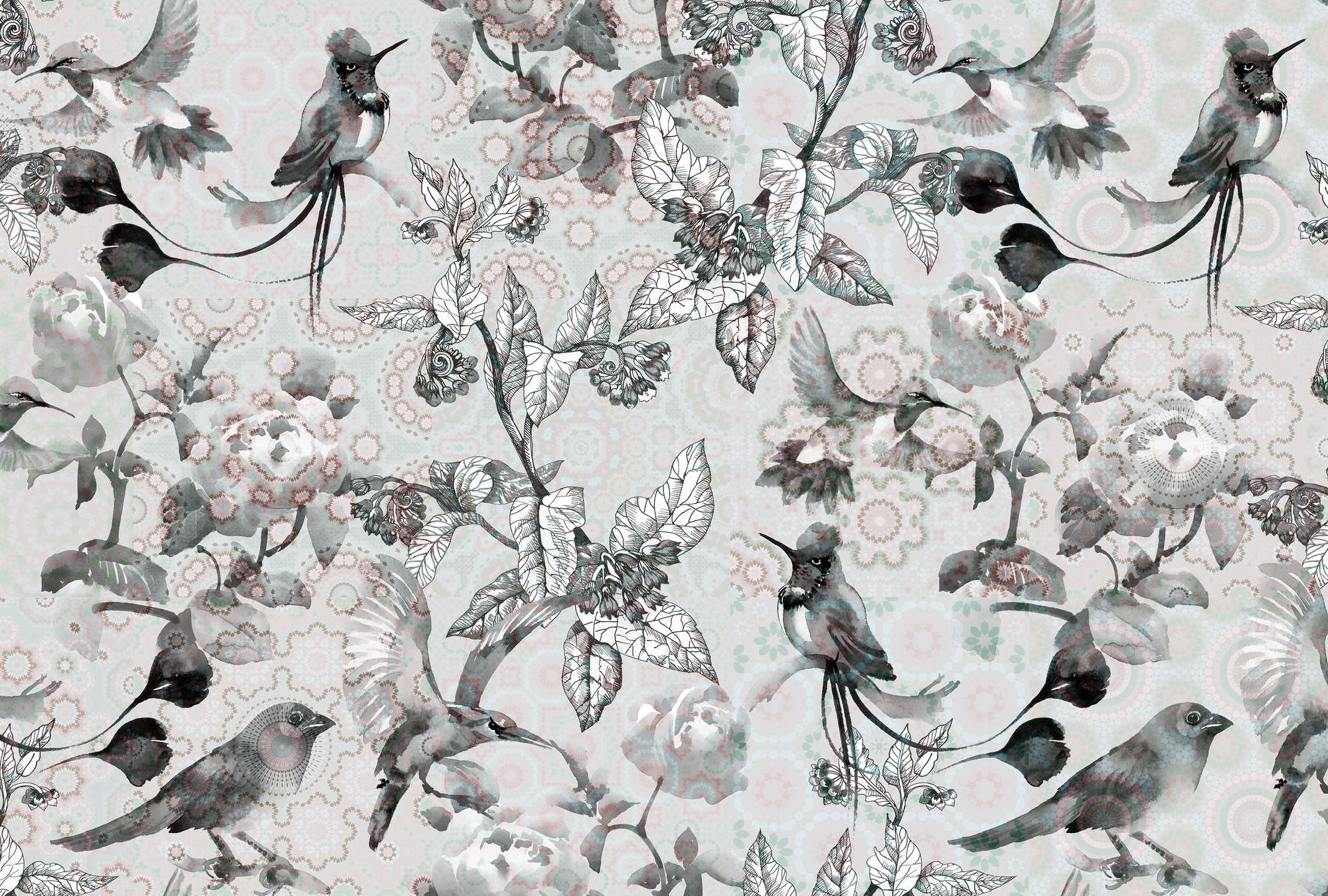             Fototapete Natur Design im Collage Stil – Grau, Weiß
        