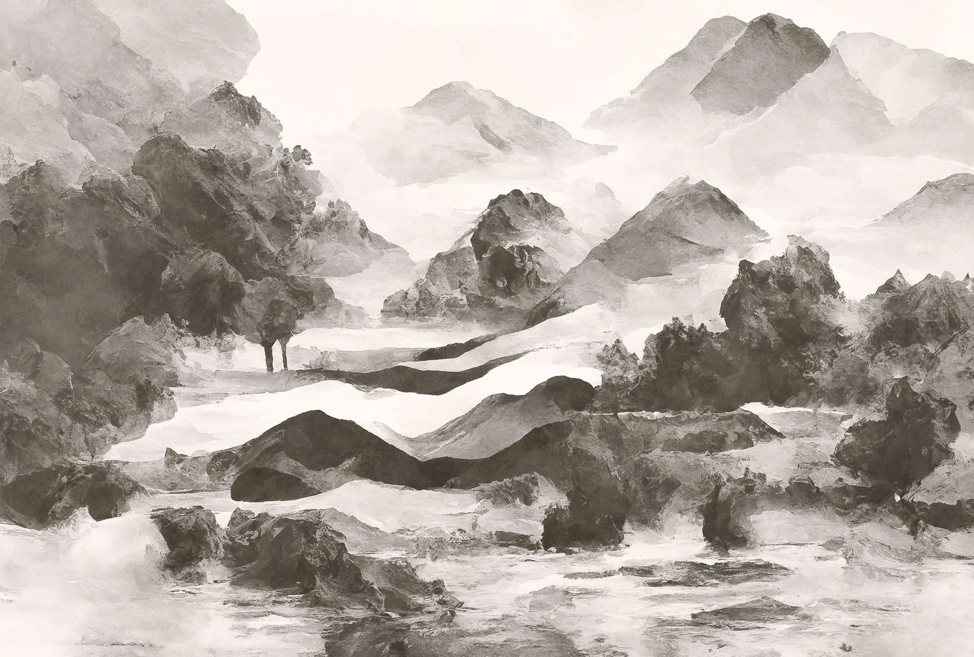             Fototapete »tinterra 1« - Landschaft mit Bergen & Nebel – Grau | Glattes, leicht perlmutt-schimmerndes Vlies
        
