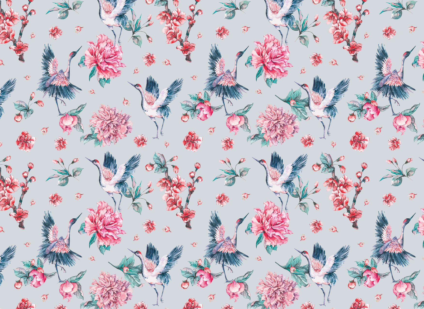             Fototapete florales Muster mit Vögeln und Blättern – Rosa, Blau, Grün
        