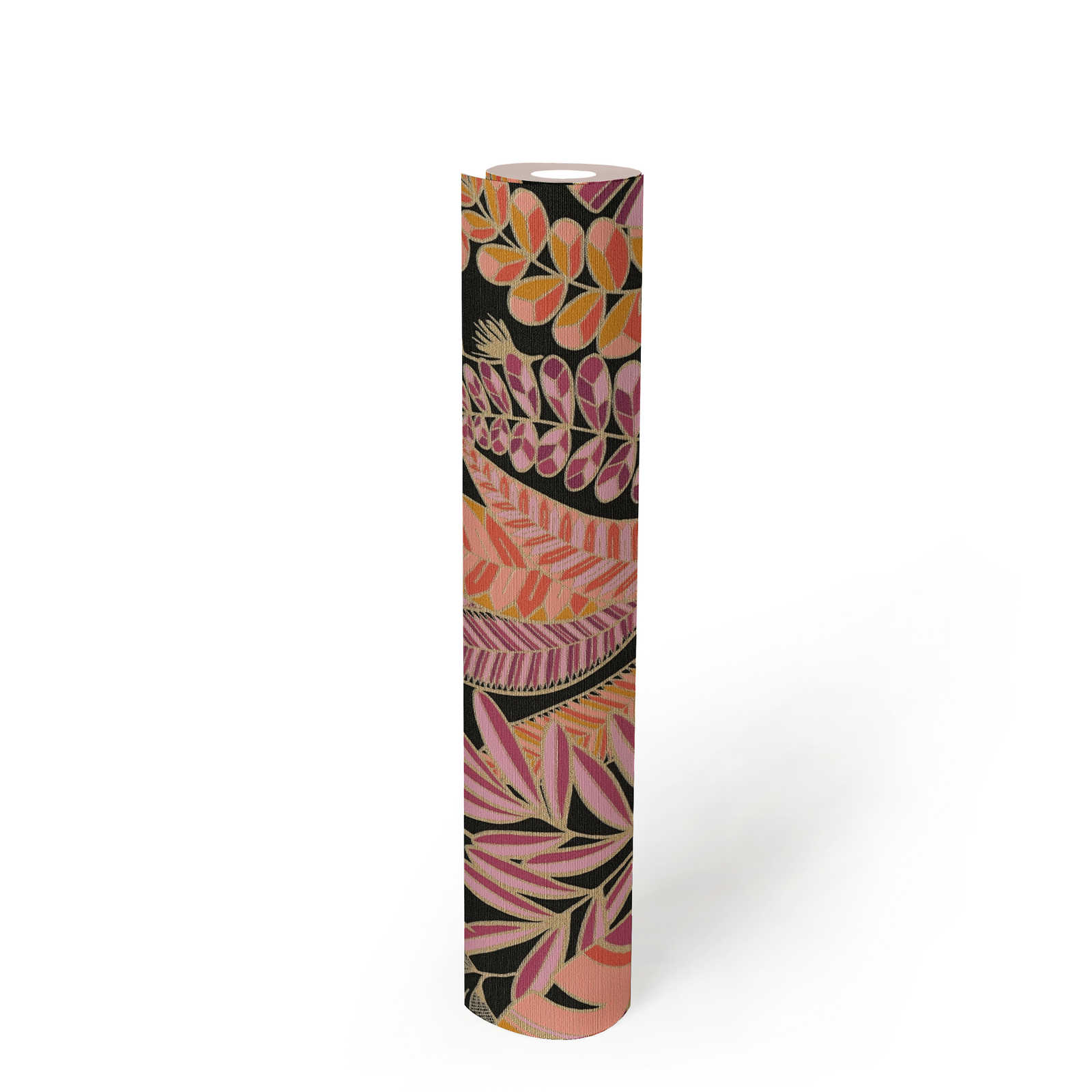             Vliestapete im auffälligen Stil mit großen Blättern – Schwarz, Pink, Orange
        