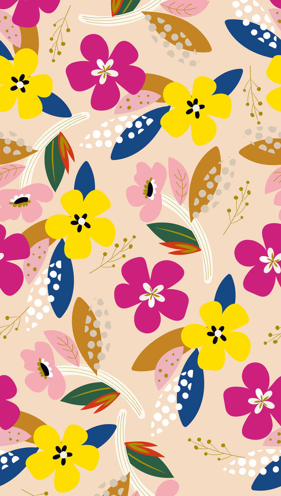             Tapete mit buntem Blumenmuster in kräftigen Farben – Bunt, Beige, Gelb
        