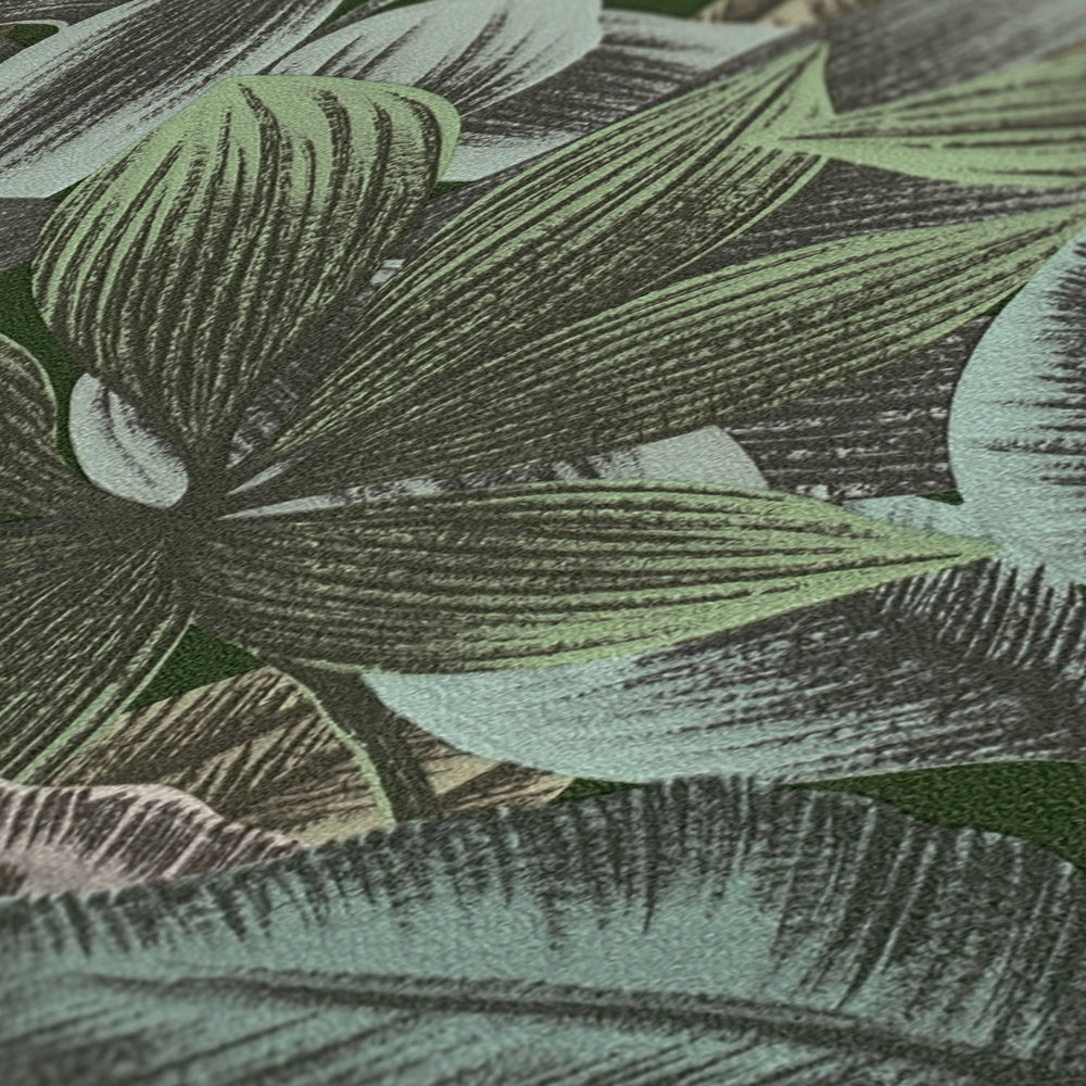             Blattmuster Tapete mit tropischen Look – Grün, Blau, Grau
        