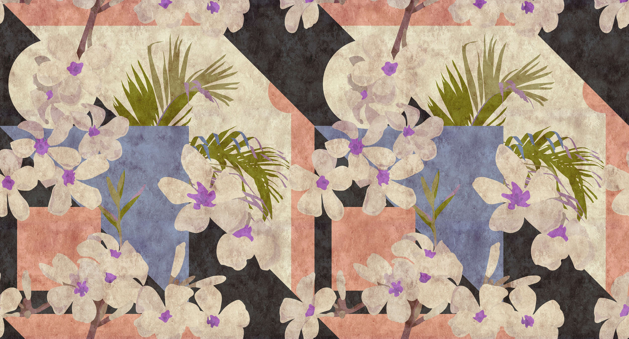             Vintage bloom2 - Vintage Digitaldrucktapete, Löschpapier Struktur mit Blumenmuster – Beige, Blau | Premium Glattvlies
        