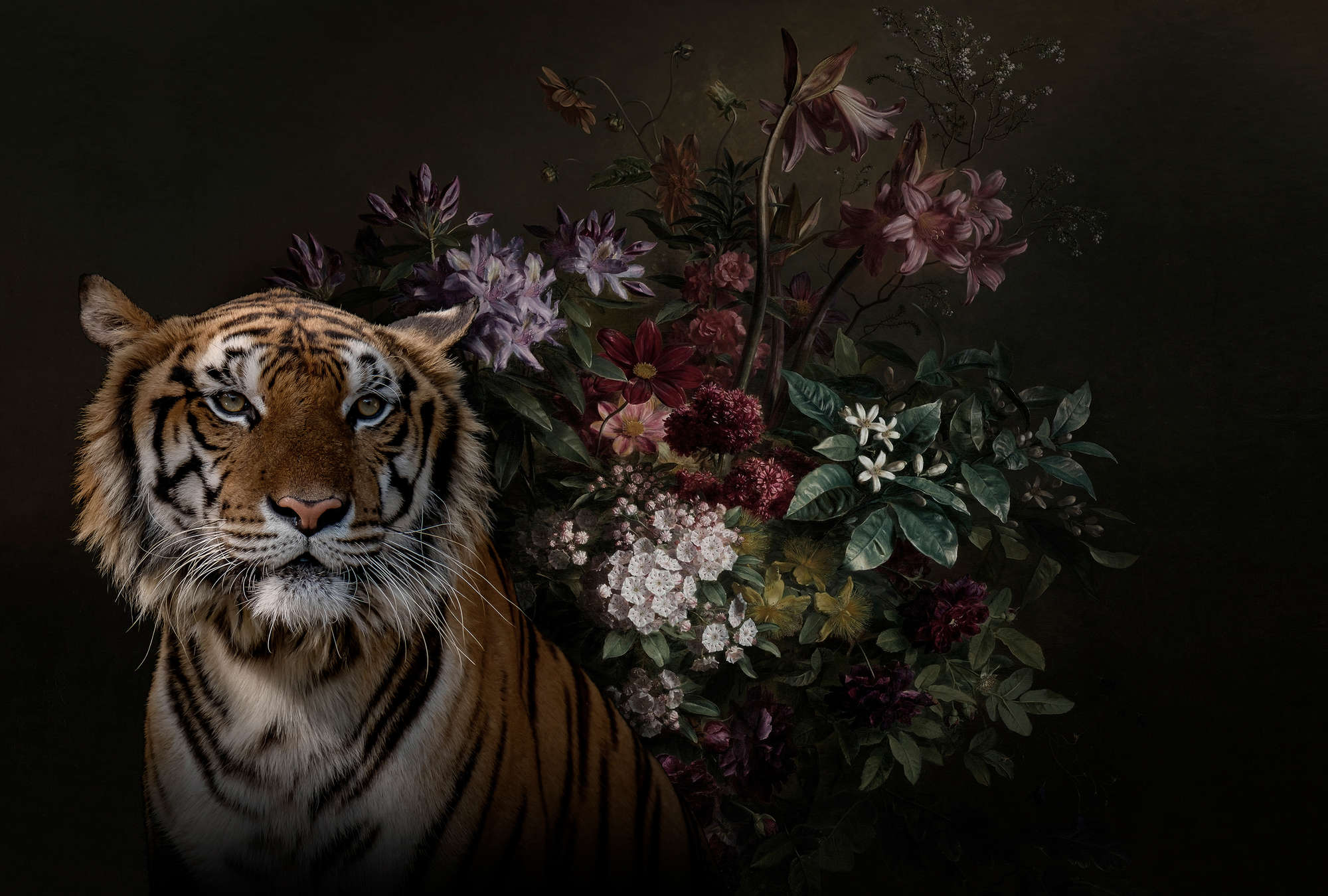             Fototapete Tiger Portrait mit Blumen – Walls by Patel
        