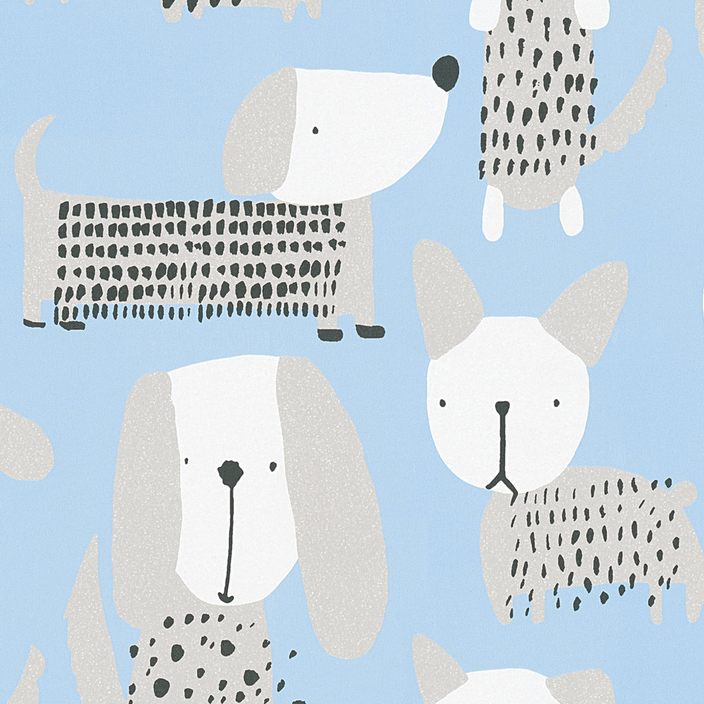             Papiertapete mit Hunden im Comic Stil– Blau, Weiß
        