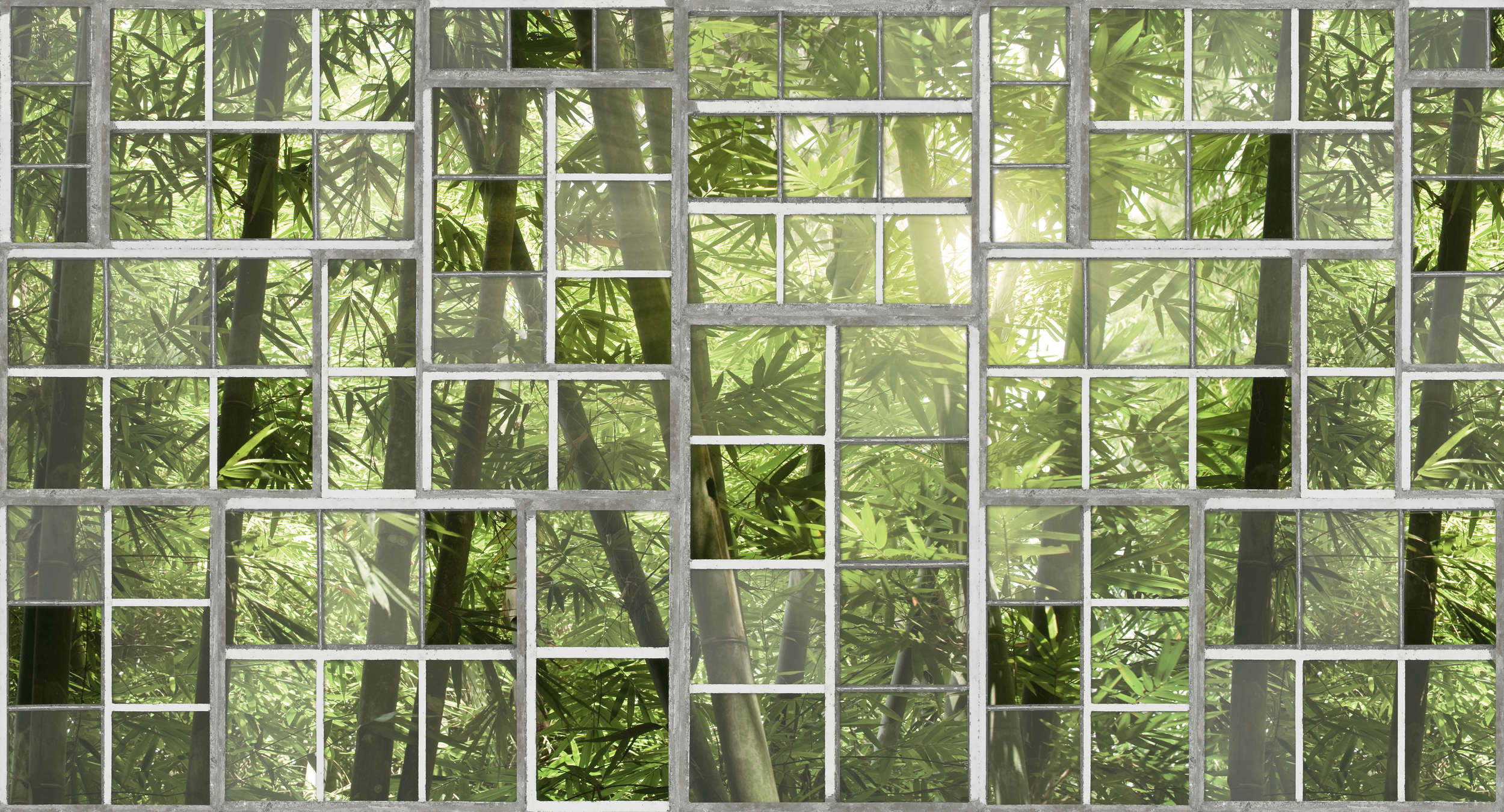             Fototapete Fenster mit Dschungel-Ausblick, Retro-Look – Grün, Grau, Weiß
        