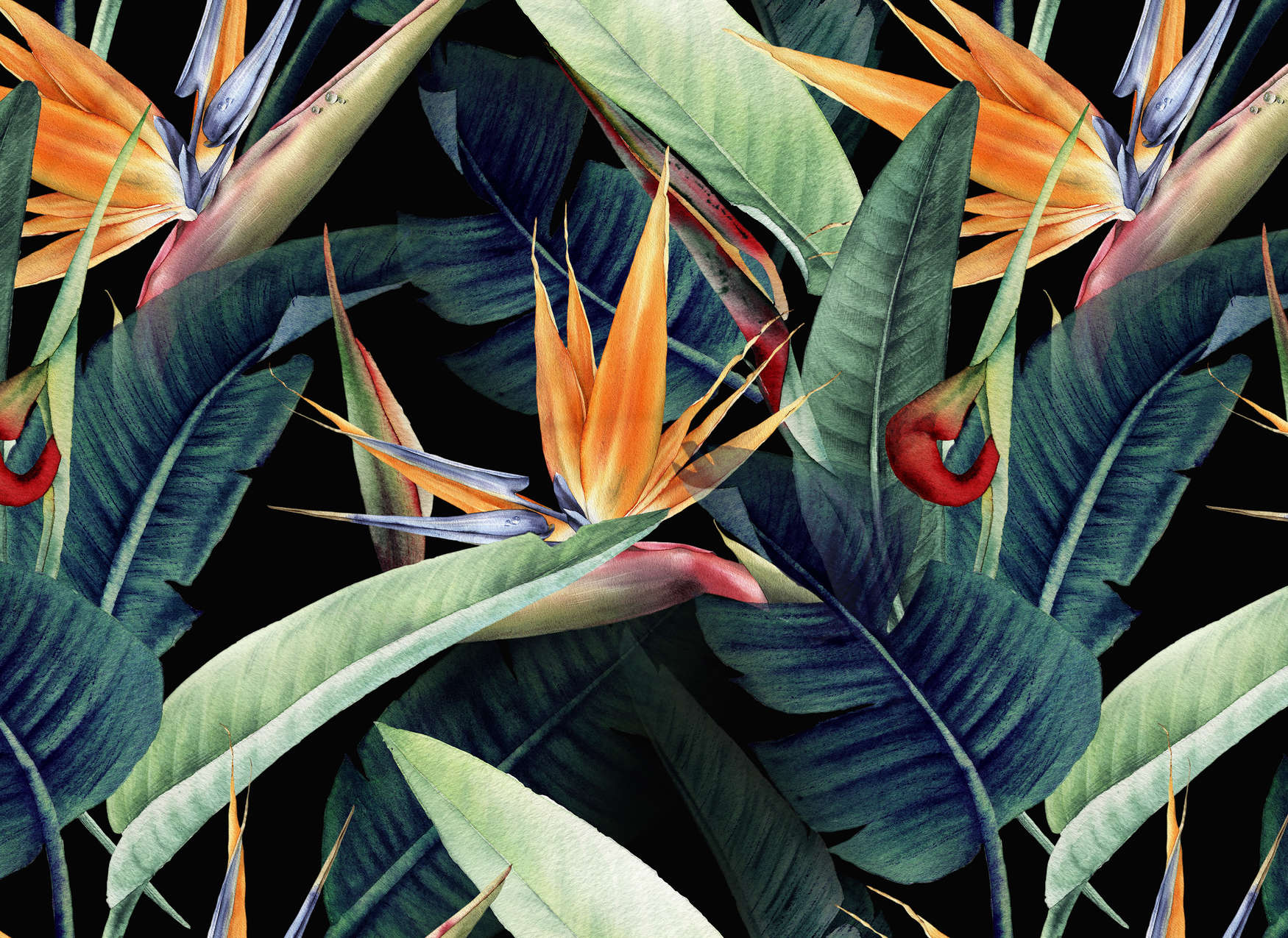             Fototapete Dschungelmotiv mit Blättern gemalt – Grün, Orange, Bunt
        