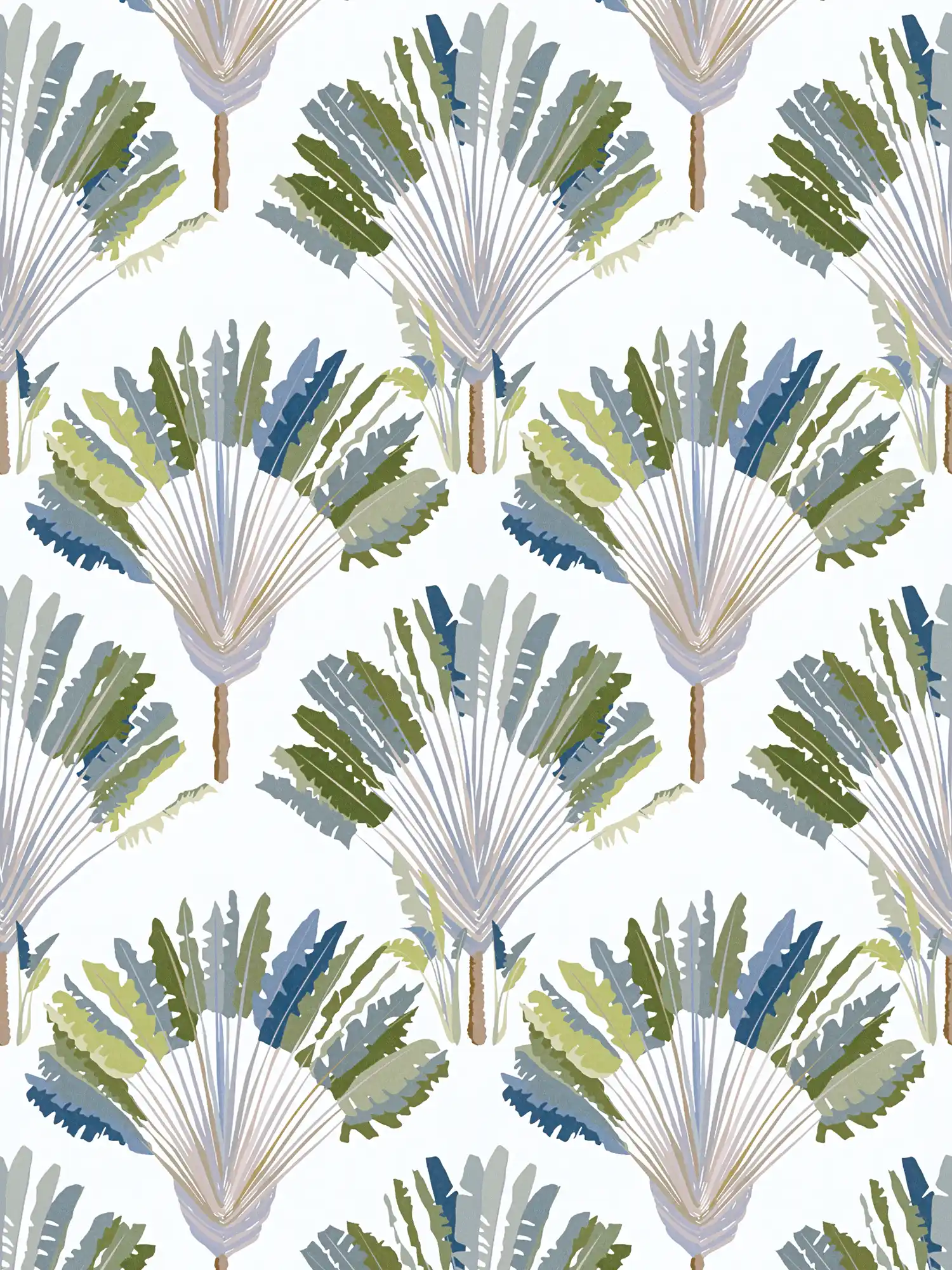 Tapete Palmenblätter & Stauden im abstrakten Muster – Grün, Weiß, Blau

