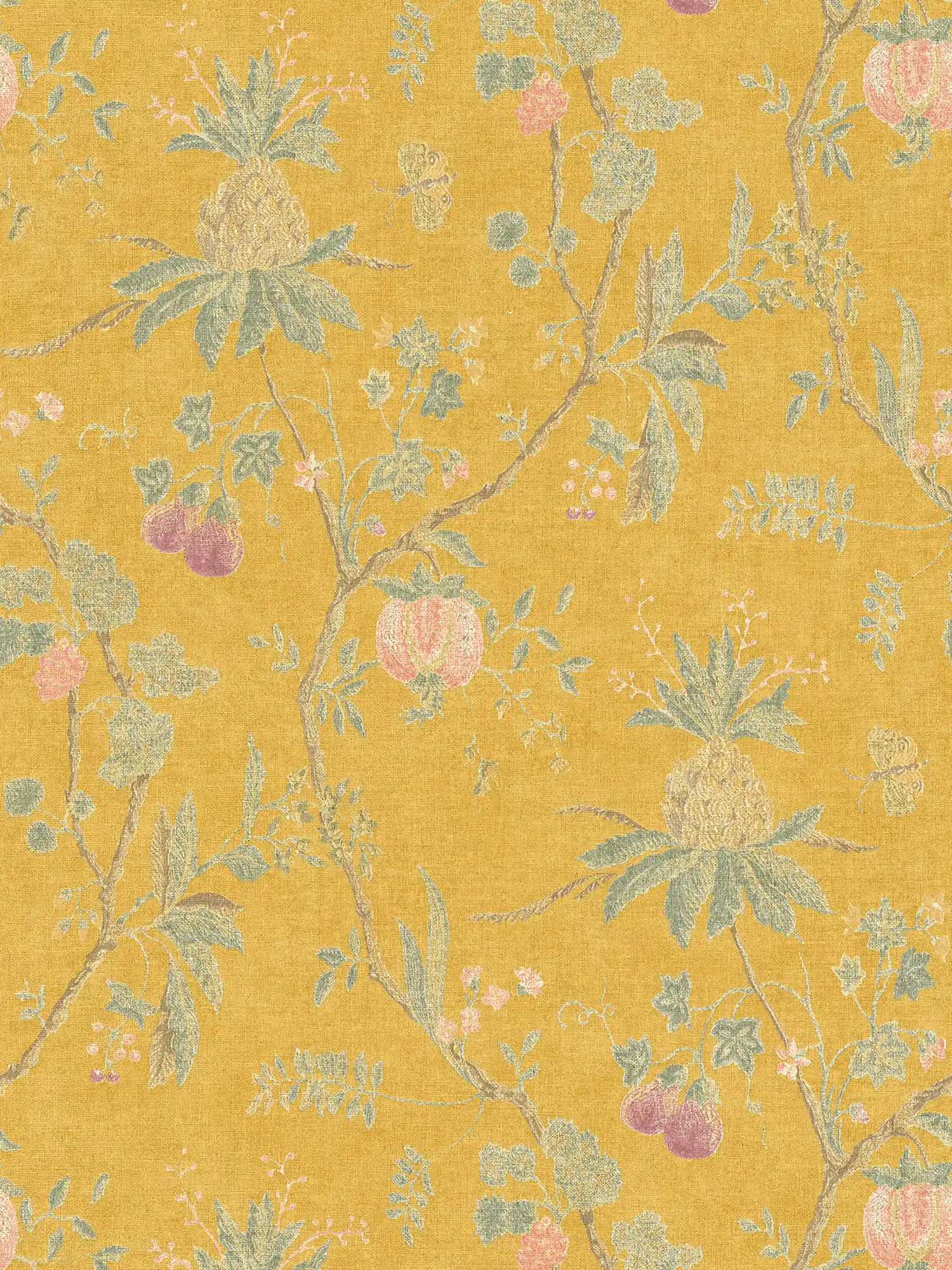         Vintage Tapete florales Muster & Leinenoptik – Gelb
    