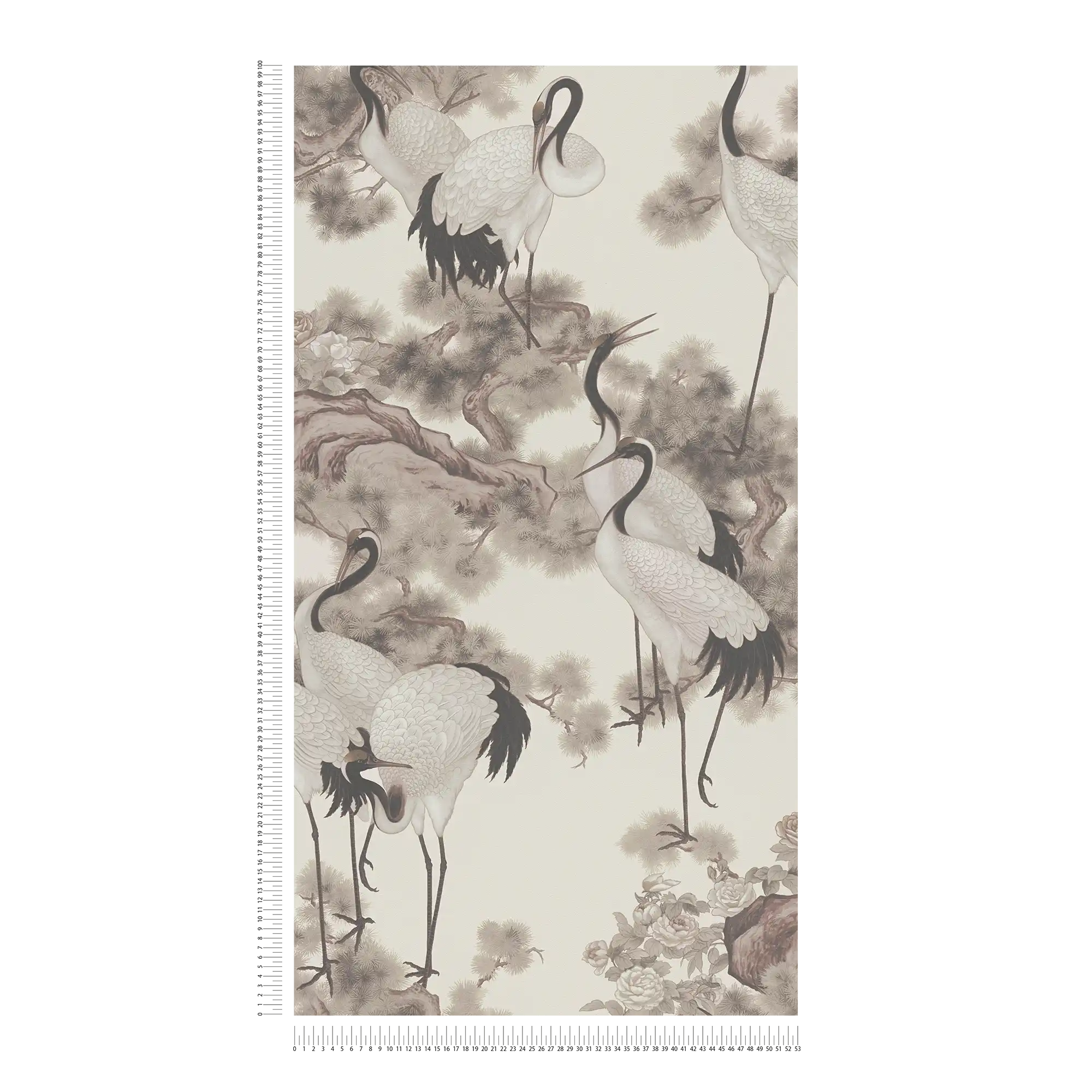             Japandi Tapete Kraniche im Asian Stil – Creme, Grau
        