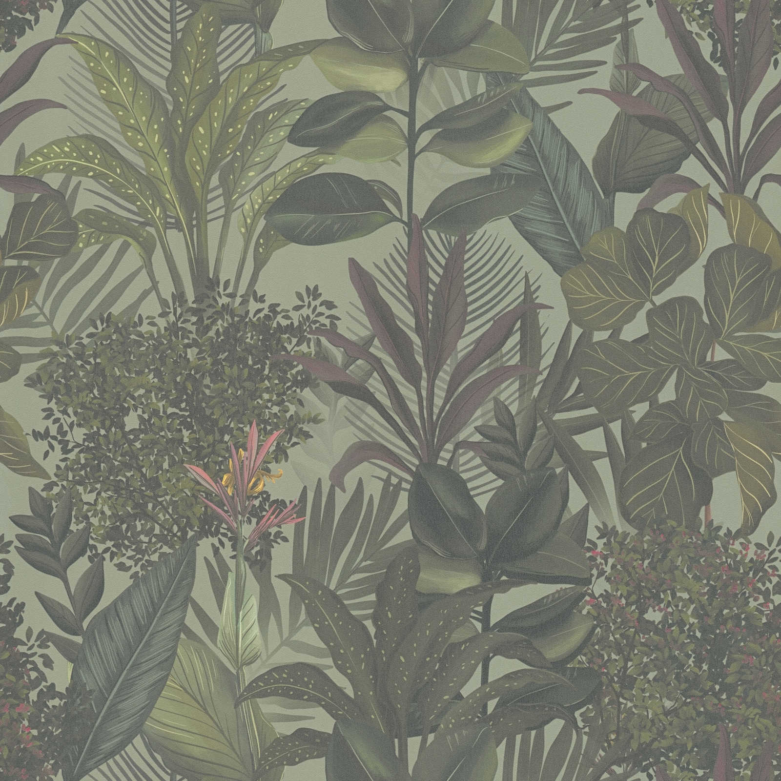             Moderne Tapete floral mit Blättern & Gräsern strukturiert matt – Grün, Dunkelgrün, Bordeaux
        
