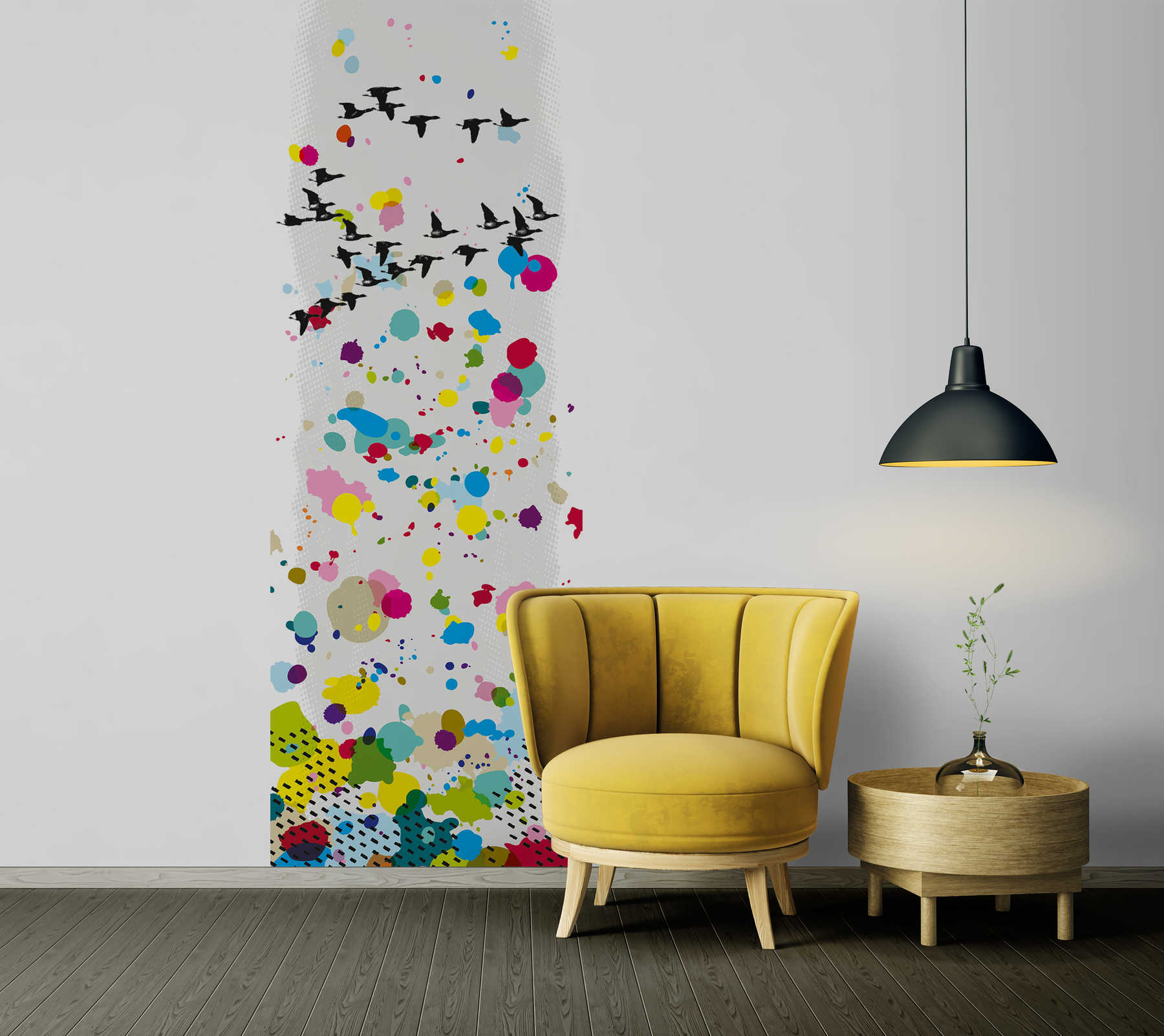             Grafik Fototapete Farbtupfer mit Vogelschwarm auf Premium Glattvlies
        