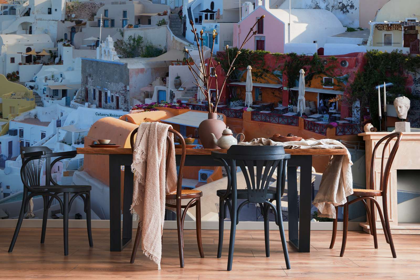             Fototapete Häuser von Santorini – Perlmutt Glattvlies
        
