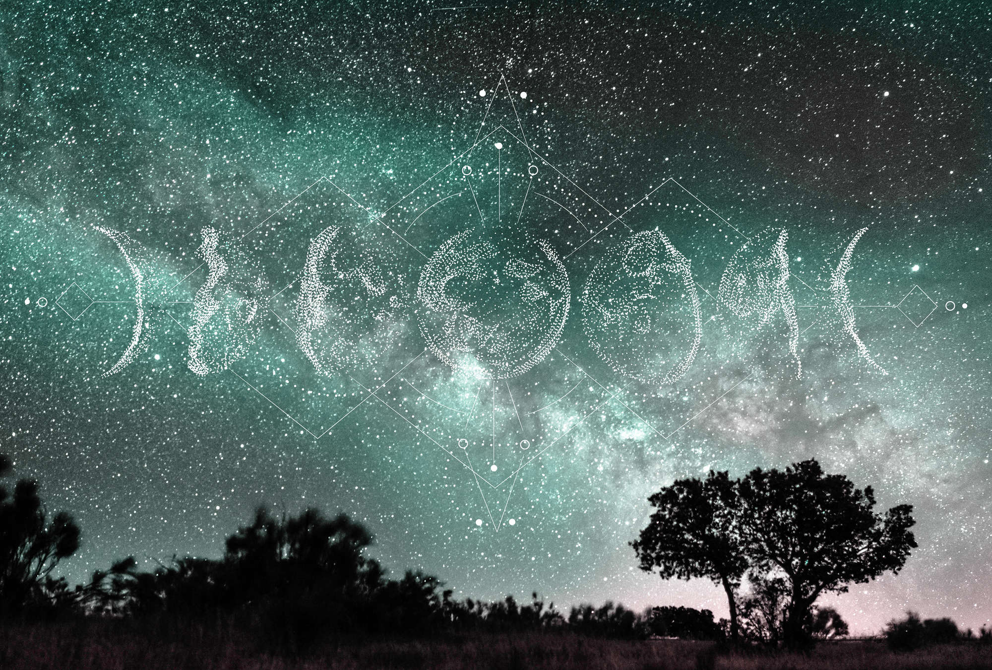             Boho Fototapete Nachthimmel, Sterne & Mondphasen – Grün, Blau, Weiß
        