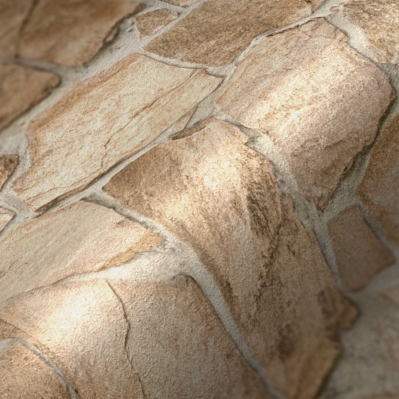             Steinmauer Tapete mit 3D-Optik – Beige, Braun
        