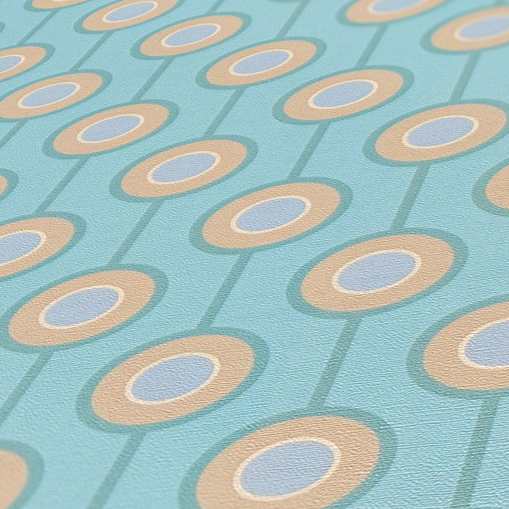             Retro Kreis Muster auf leicht strukturierte Vliestapete – Türkis, Blau, Beige
        