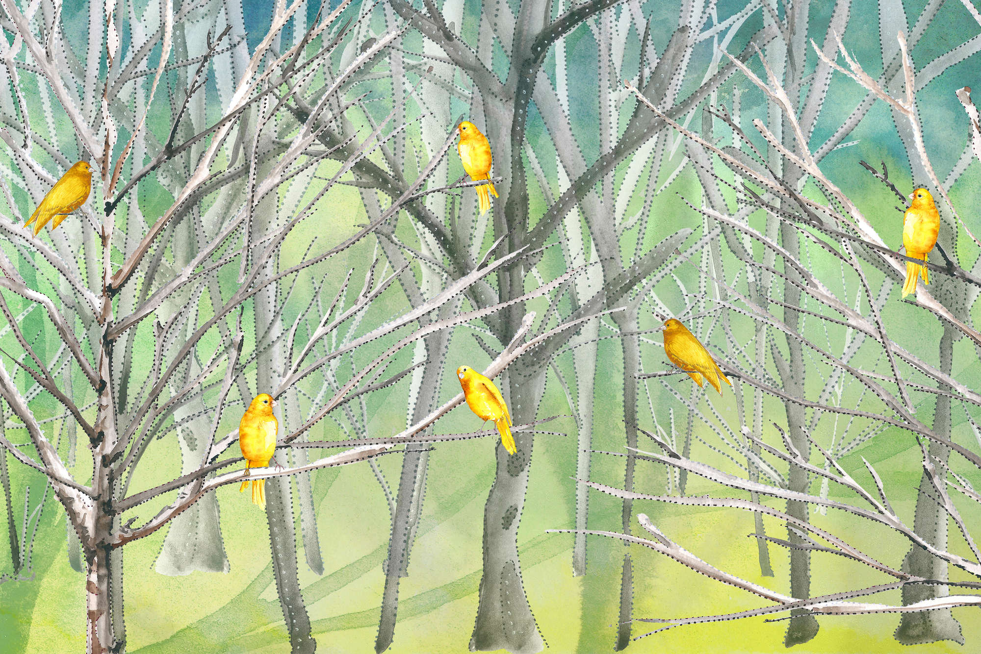             Wald Fototapete mit Vögeln in Blau und Gelb auf Perlmutt Glattvlies
        