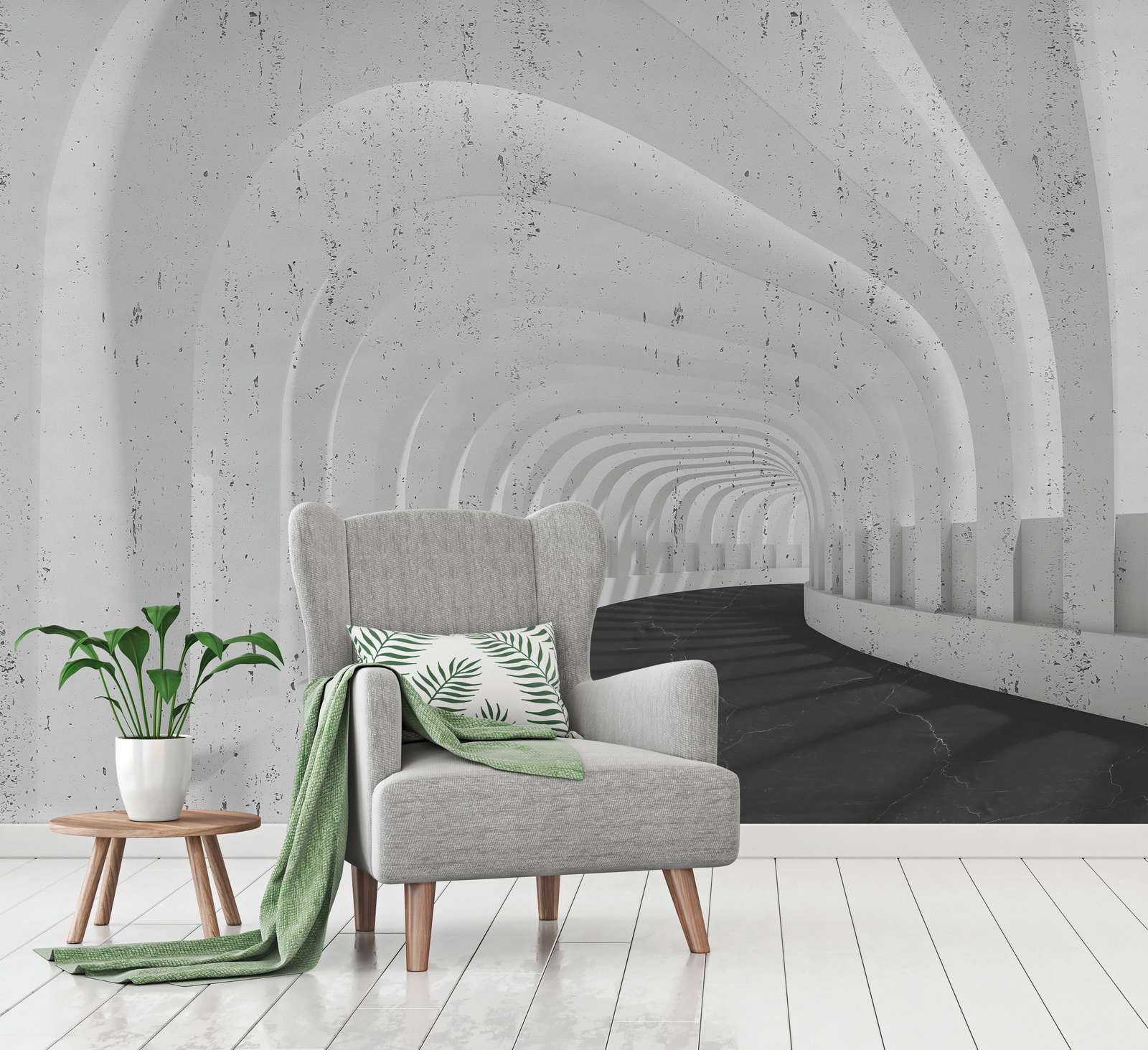             Fototapete 3D Tunnel aus Beton mit Bögen – Grau, Schwarz
        